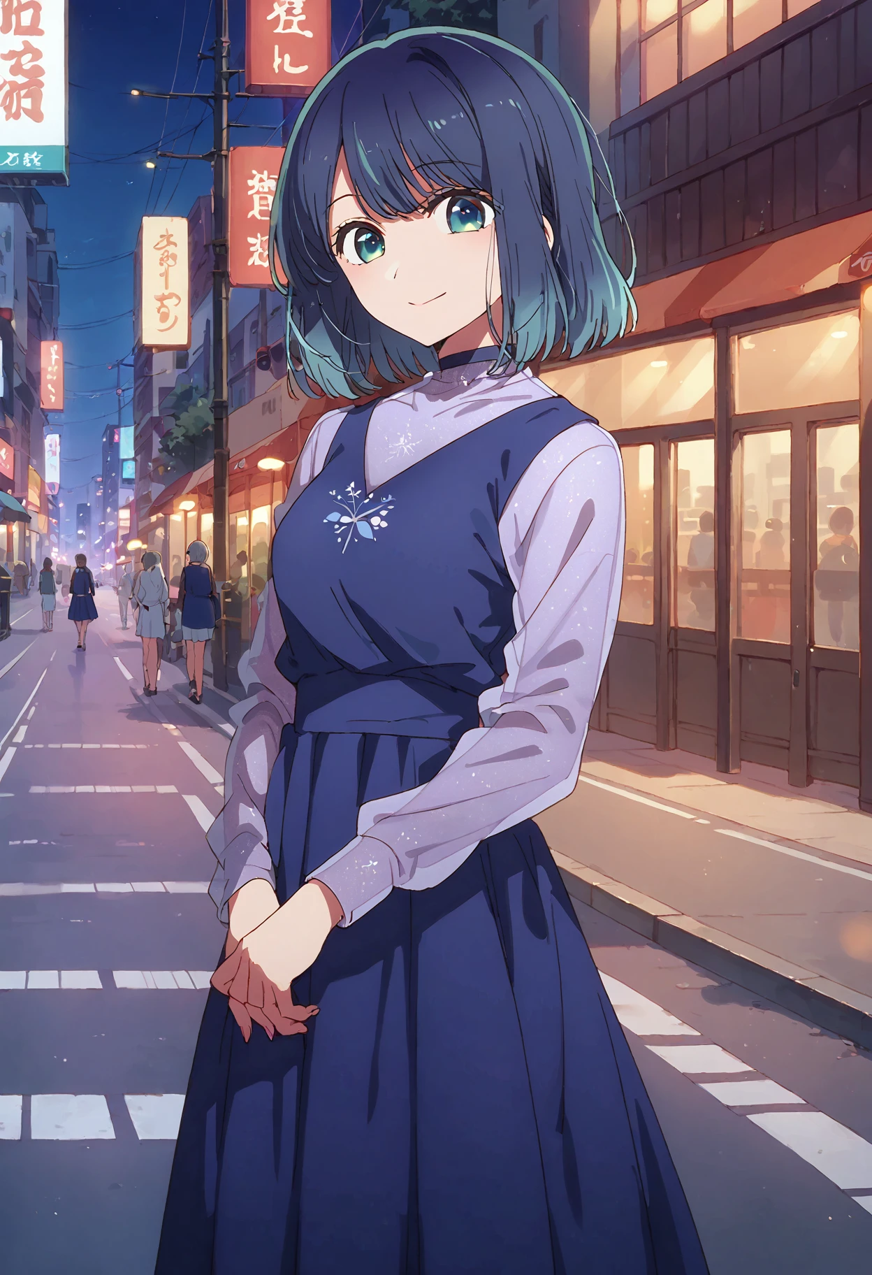 score_9, score_8_up, score_7_up, , score_ANIME,kurokawaakane, 1girl, solo, looking at viewer, , long sleeves,, blue dress, gradient hair, bangs,, closed mouth, blue hair,  standing, short hair, see-through shirt, cowboy shot, , aqua eyes , <lora:kurokawaakane_pony2:1> smile, street, city lights,  smile, breasts