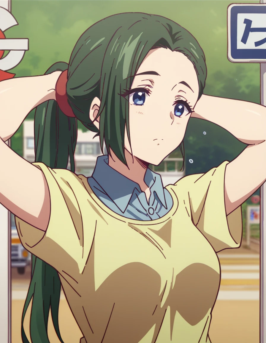 score_9, score_8_up, score_7_up, source_anime, <lora:haruhiko-mother-s1-ponyxl-lora-nochekaiser:1>, haruhiko mother, long hair, blue eyes, ponytail, green hair, medium breasts,, shirt, short sleeves, collared shirt, yellow shirt, collared shirt, blue shirt, , bus stop, waiting, commuter, smartphone, checking time, cold morning, , , hands behind head,, solo,, dutch angle, cowboy shot