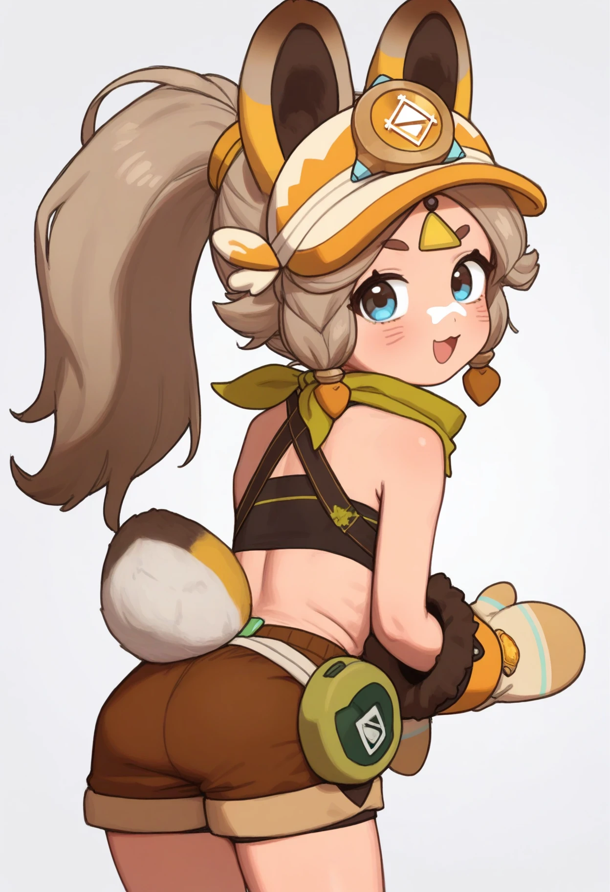 1girl, solo, imkachina, healthyman, (opossumachine:0.6), (alkemanubis:0.4), white background, 
standing, from behind,  :3, :D, looking back, 
long hair, high ponytail, animal ears, forehead jewel, long hair, bandaid on nose, visor cap, 
crop top, green scarf, mittens, short shorts, brown shorts, tail, 
<lora:KachinaIllustrious_18:1>