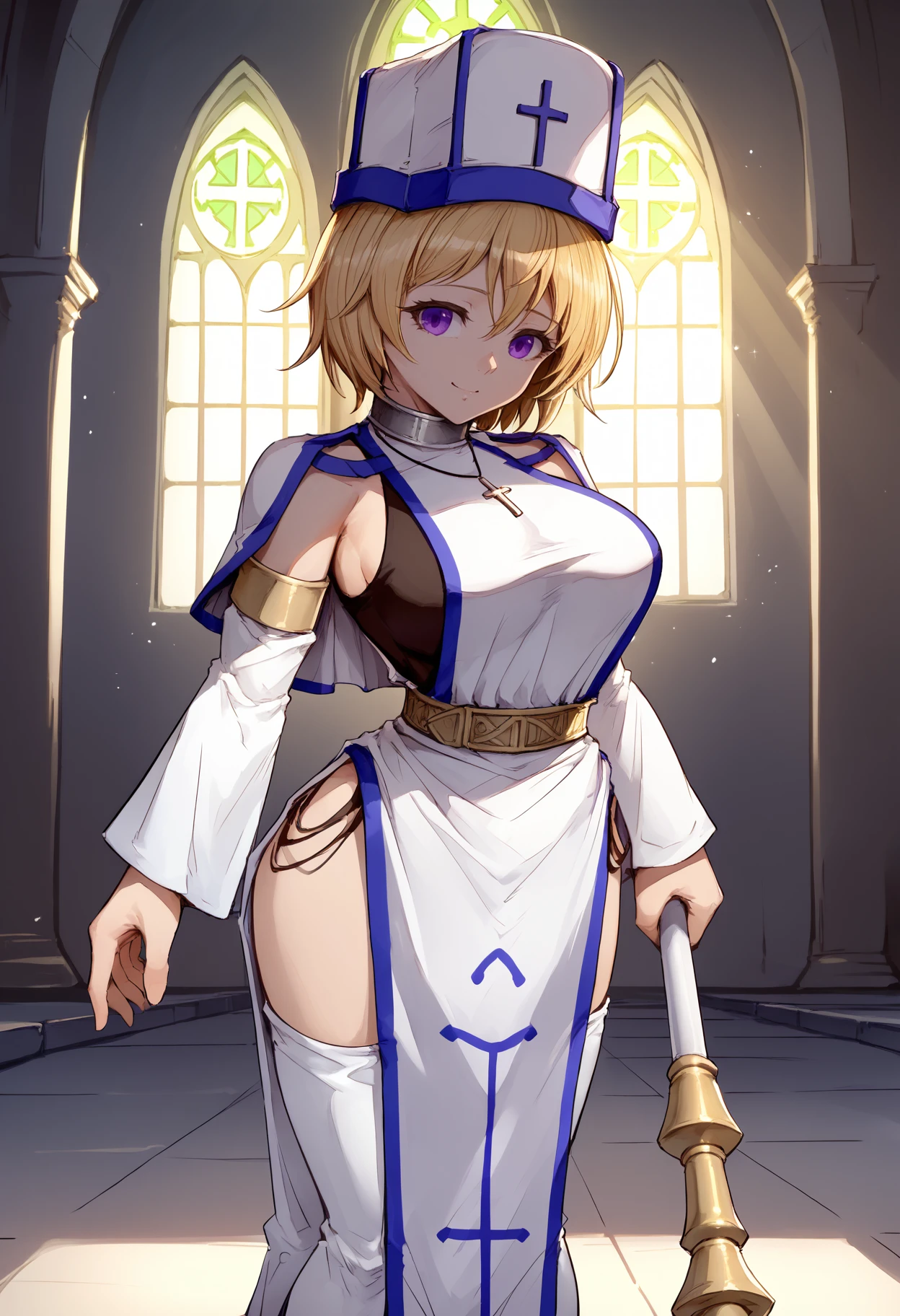 score_9, score_8_up, score_7_up, 1girl, clgret, purple eyes, short hair, blonde hair, large breasts,
mitre, white headwear, collar, cross necklace, white caplet, white dress, tabard, detached sleeves, wide sleeves, belt, white thighhighs, print dress,
facing to the side, looking at viewer, standing, smile, holding staff, praying,
indoors, church, sunbeam, sparkling, sunbeam, sparkle, light rays, glint, orange theme, side view,
<lora:Cless-Gretchen-Lilitales-PDXL_V1-Manityro-CAME:1.0>,