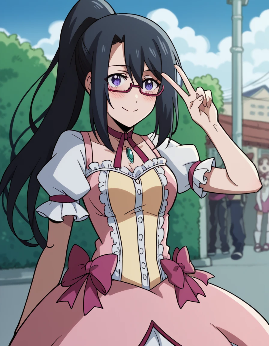 score_9, score_8_up, score_7_up, source_anime, <lora:riko-izumi-s1-ponyxl-lora-nochekaiser:1>, riko izumi, black hair, purple eyes, ponytail, glasses, semi-rimless eyewear, sidelocks, hair between eyes, medium breasts,, <lora:kaname-madoka-cosplay-ponyxl-lora-nochekaiser:1>, kanamemadokacosplay, kaname madoka (cosplay), chest jewel, dress, frilled dress, frills, magical girl, neck ribbon, pink dress, puffy short sleeves, puffy sleeves,, outdoors, streets, smile, blush, v, v over eye, , dutch angle, cowboy shot