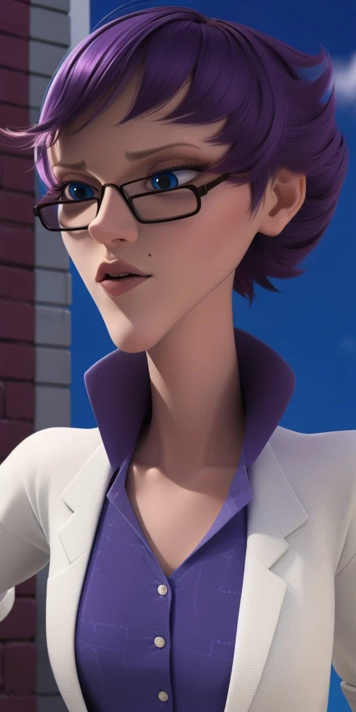 Hyperrealistic, photorealistic, super detailed, blue jeans, purple V-necked dress shirt with a white scientific scribble pattern and popped collar, deep cornflower blue eyes, short dark purple hair, prominent lips, beauty mark on her left cheek, pointy chin, body like in real life, large pores, fair skin, tall, beautiful arms, very flat very little breasts, unreal engine, octane render, droped shadow, bokeh, cinematic lighting, <lora:add_detail:0.5>, <lora:Volumetric_lighting:0.6>, Olga Mendeleiev, <lora:9ff36df4-f6f9-414c-b6c2-64238b1b9e87:0.7>