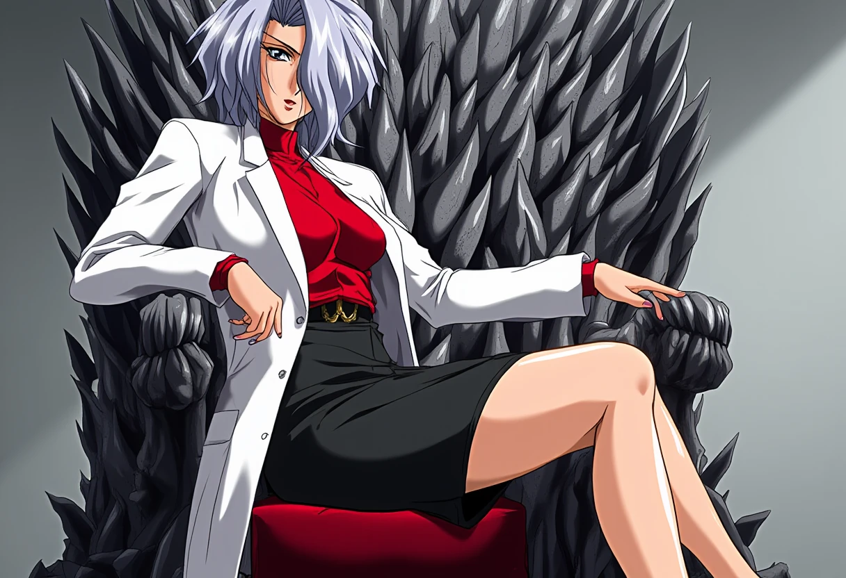 A detailed solo portrait of Midou Emiko. She has grey hair.
Anime style, sharp, high contrast and highly detailed., 
<lora:innai_kansen_midou_emiko_flux_v2_2-000025:0.9>,,She is wearing a white lab coat over a red top and a black pencil skirt.  She is also wearing high-heeled. The character's intense gaze and professional outfit suggest a medical or scientific background, while her overall appearance exudes a strong and unique personality. she is sitting on the iron throne of Game of Thrones, one leg after another, showing her beautiful legs.