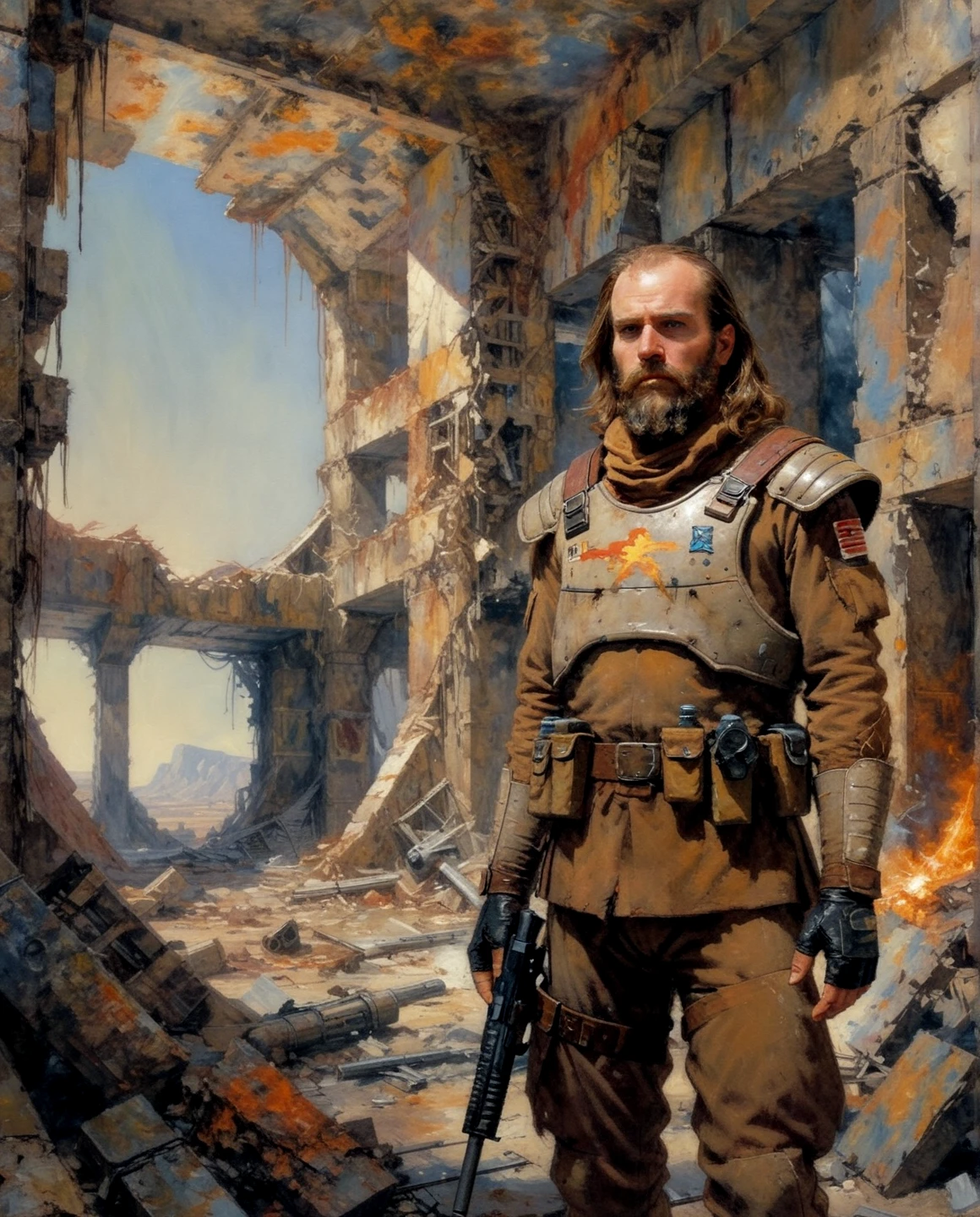 a trooper inside the ruins of a post apocalyptic museum interior,  beard, long hair, <lora:ncr_5000_trooper:1>, bill sienkiewicz style bob masse style bruce pennington style chris foss patrick woodroffe <lora:dmd2_sdxl_4step_lora_fp16:1>, oil painting style, oil on canvas style