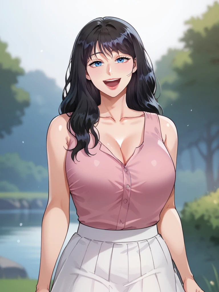 score_9, score_8_up, score_7_up, score_6_up, source_anime, <lora:neg4all_bdsqlsz_V3.5:2.0> Ryeong, 1girl, blue eyes, black hair, long hair, white skirt, cleavage, pink shirt, open mouth, looking at viewer, sleeveless shirt, mature female, ahoge, collarbone, outdoors, smile, standing, blurry background, day, cowboy shot
 <lora:SMBWLeeRyeong-110reps-prod:1>