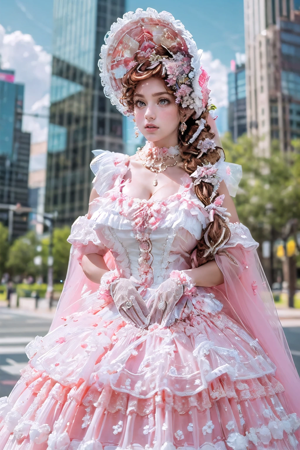 (masterpiece, best quality:1.2),illustration,8k,hd,1girl,solo,brown hair,long hair,cowboy shot,
jlxz,pink dress,jewelry,frills,hair ornament,bonnet,pearl necklace,long dress,pink ribbon,frilled gloves,lace gloves,pink glove,pink bow,
(collarbone:1.2),large breasts,saggy breasts,(cleavage:1.2),extremely detailed dress,(outdoors,skyscraper:1.5),