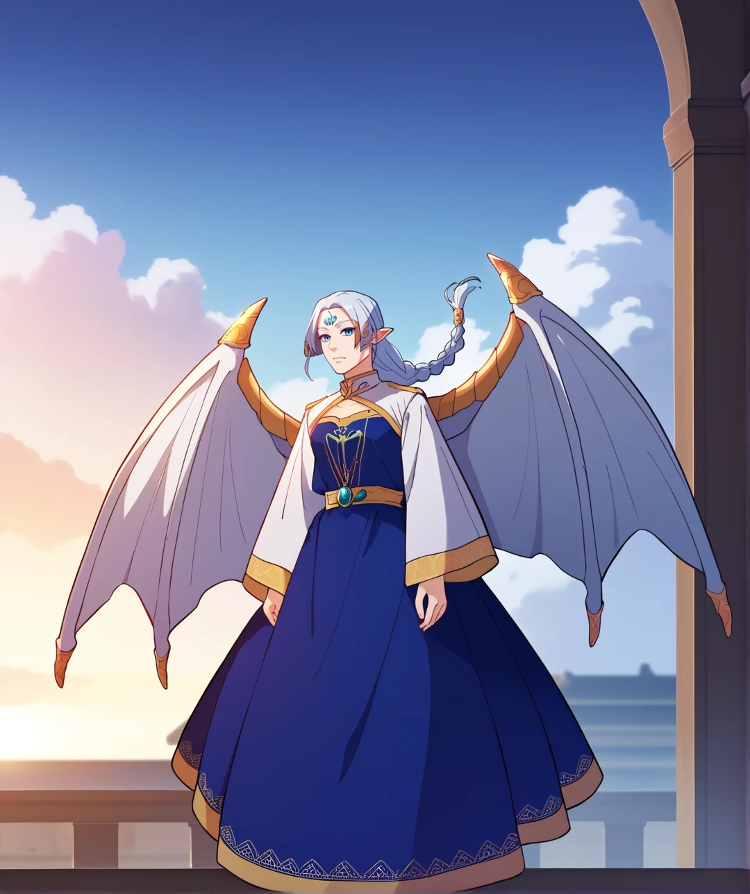 score_9, score_8_up, score_7_up, score_6_up, source_anime,indoors, bedroom, 
BREAK
soldrake, pointy ears, long hair, braid, wings, solo, white hair, forehead jewel, single braid, sky, 1girl, blue eyes, robe, cloud, blue dress, ear covers, dress, long sleeves, jewelry, dragon wings, standing, cape, braided ponytail, hair tubes, blue hair, gold trim, closed mouth, white cape, facial mark, forehead mark, looking at viewer, 
 <lora:soldrake-ponyxl-fandingo:0.8>