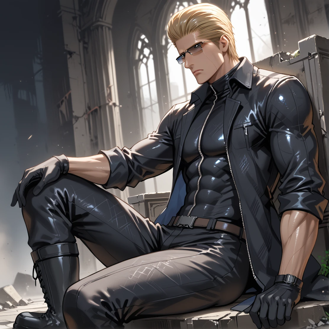 PonyScores7, source_anime, ah1, <lora:Cassis_Style:1>, BREAK <lora:albertwesker-guy-PONYv1:0.8> albertwesker, albert wesker, 1boy, blonde, black gloves, (sunglasses:1.3), belt, black coat, black pants, looking at viewer, toned, athletic, fit, slicked back hair, black turtleneck, zipper, mature male, short hair, black boots, (Sitting on a sinister, abandoned throne, shrouded in darkness), (muddy footprints), ((Uncomfortable, tears expression)), (focused, intense glare, apatethic, contemptuous), blue eyes, (angular face, sharp_featured face), handsome, charming, alluring, BREAK <lora:xl_more_art-full_v1:0.2>, <lora:shinyskin2:0.2> glistening skin, <lora:aesthetic_anime_v1s:0.2>, <lora:Expressive_H:0.2> Expressiveh, <lora:hairdetailpxl:0.2> hairdetailpxl, <lora:EpicF4nta5yXL:0.2>, <lora:detailxl:0.2> detailxl, <lora:Fant5yP0ny:0.2>, best quality, amazing quality, best aesthetic, absurdres, <lora:expressive eyes:0.2> expressive eyes, <lora:eyedetailpxl:0.2> eyedetailpxl, illustration, Volumetric_Lighting, ultra-detailed, very aesthetic, intricate details, 8k, masterpiece, best_quality, BREAK (Eye-level angle (from the side) view Close shot), BREAK <lora:Eyes_High_Definition:0.3> EyesHD, Stable_Yogis_PDXL_Positives, AS-Adult, <lora:Complicated fantasy portrait - XL Pony V2.0:0.4>, bad-hands-5, AS-MidAged,