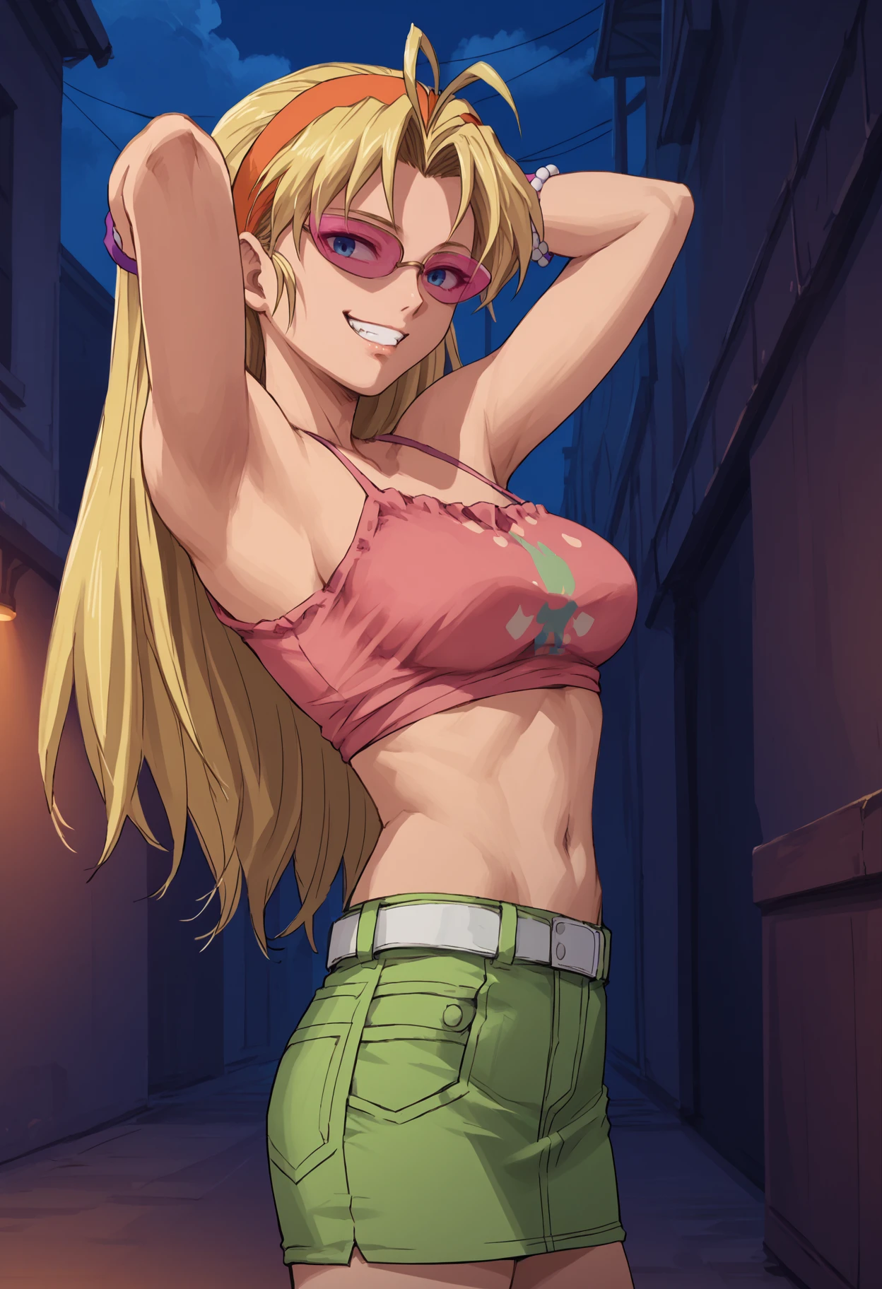 score_9, score_8_up, score_7_up, 1girl, edabl, blue eyes, blonde hair, antenna hair, long hair, large breasts, 
pink-tinted eyewear, orange hairband, pink camisole, print shirt, crop top, midriff, navel, white belt, denim skirt, green skirt, bead bracelet, purple wristband,
looking at viewer, smile, grin, hands behind head,
outdoors, alley, dark, night, cloudy sky, side view,
anime screencap, anime coloring, 2000s \(style\), 
<lora:Eda-Edith-Blackwater-Black-Lagoon-PDXL_V1-Manityro-CAME:1.0>,