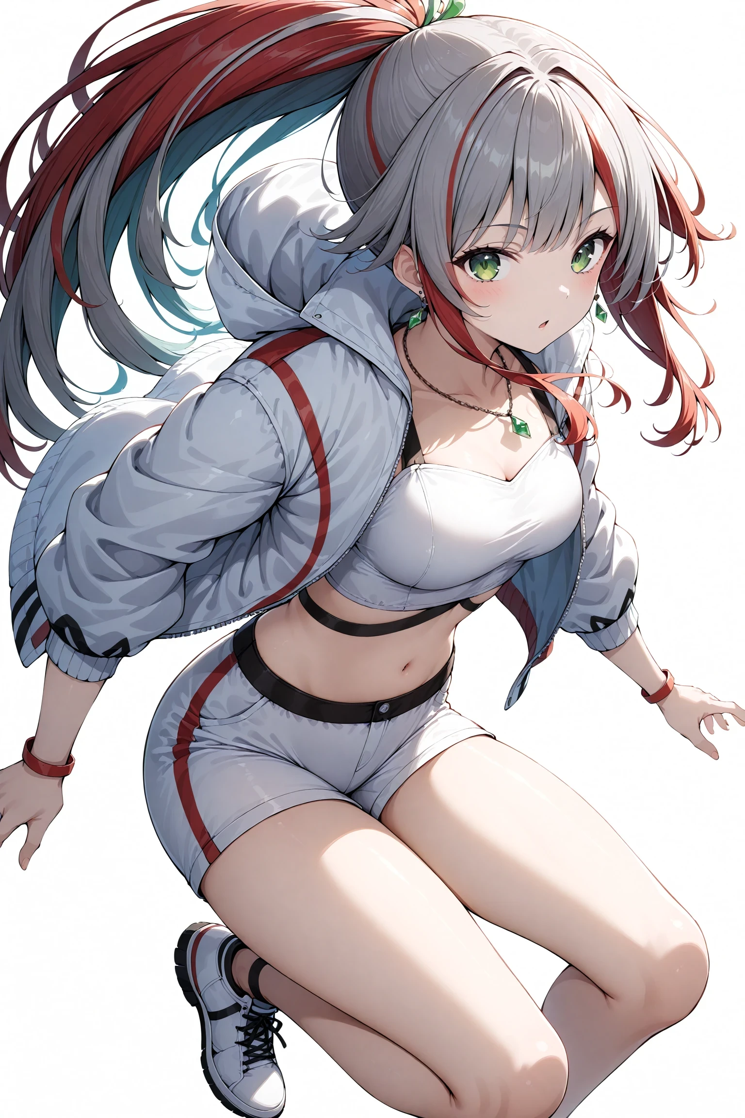 1girl, solo, dynamic angle, dynamic pose, green eyes, grey hair, jacket, jewelry, long hair, looking at viewer, midair, multicolored hair, necklace, open mouth, parted lips, red hair, shorts, simple background, white background, white footwear, white jacket, white shorts, masterpiece, best quality