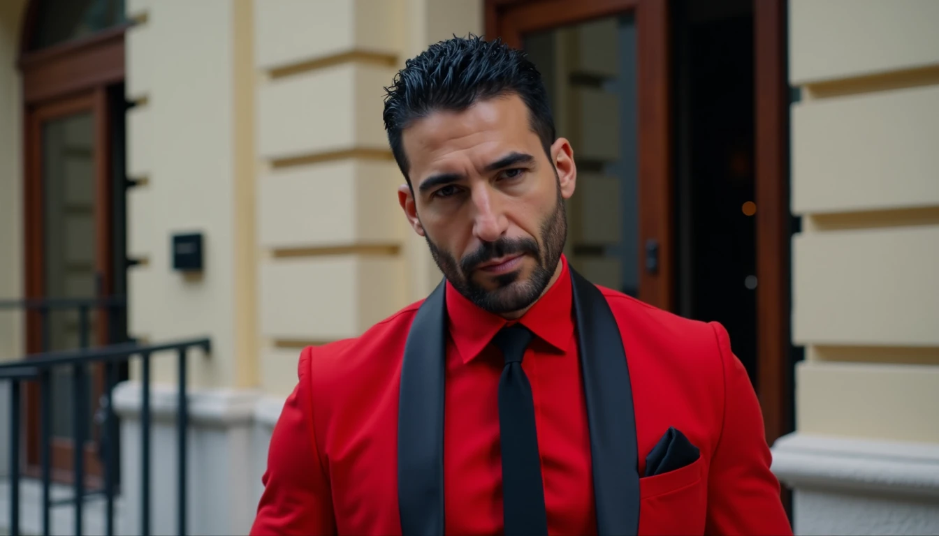 the actor Miguel Angel Silvestre dressed completely in red and black tie in front of the CivitAI headquarters