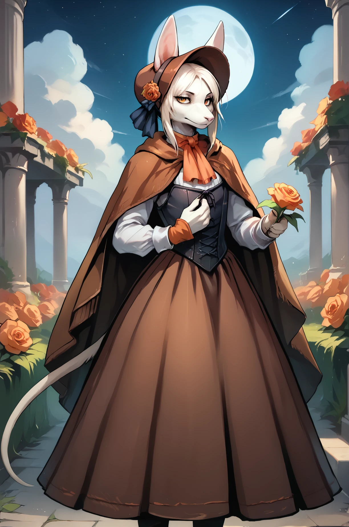 score_9, score_8_up, score_7_up, BREAK,
solo, 1girl, freyac, female, white fur, orange eyes, white hair, tail, brown bonnet, brown cloak, brown skirt, bodice, orange neckerchief, orange gloves, bloodborne, orange roses, holding flower, flower garden, victorian, gothic, looking at viewer, white ears, light smile,
BREAK, cowboy shot, flat chest, standing, bored, eyes half closed, relaxed, long skirt, three-quarter_view, night, moon, detailed background, clouds,
zPDXL, <lora:Freya10S 97:1>,