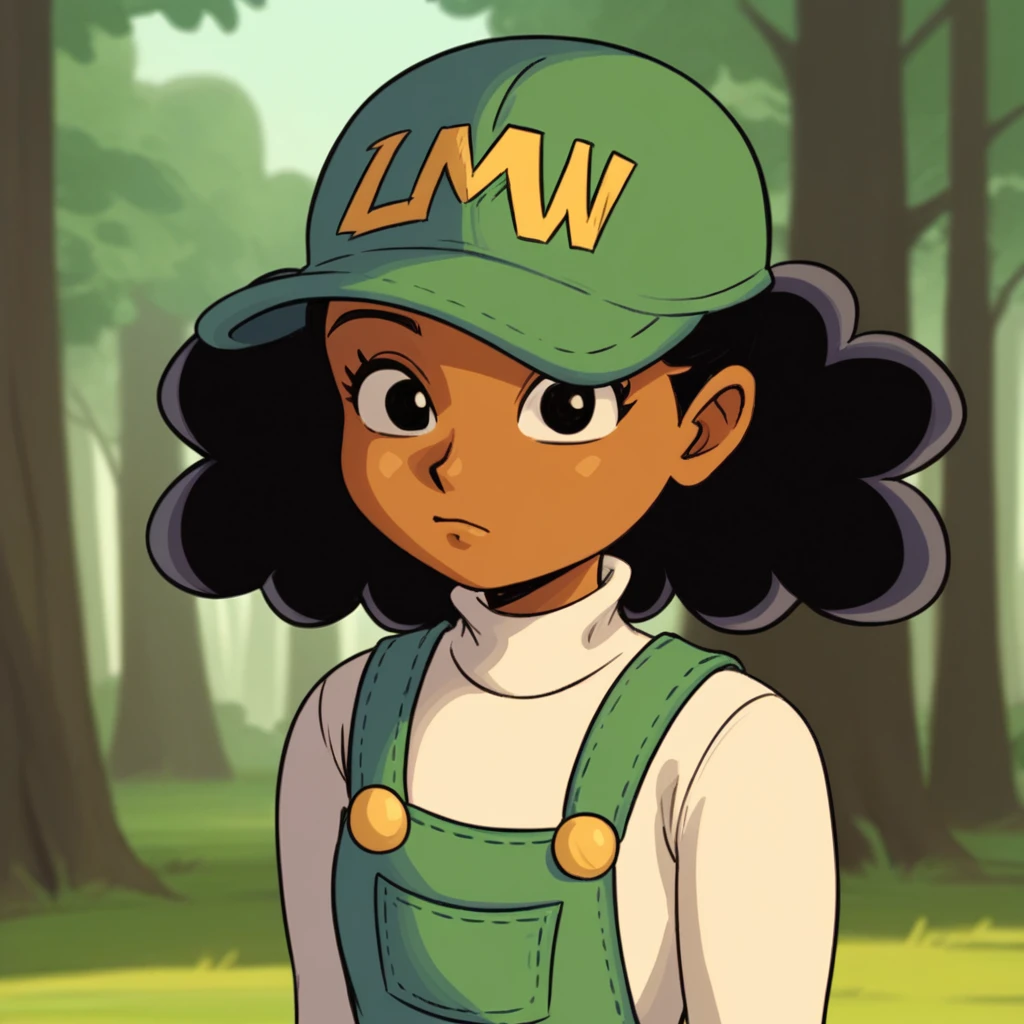 score_9_up, score_8_up, BREAK, LMW-tan, 1girl, solo, black hair, black eyes, dark skin, green hat, white turtleneck, green overalls dress, upper body, <lora:LMW-Tan_LostMediaWiki_PXL_Leaf1:0.8>, outdoors, forest,  arms at sides, vhs artifacts,