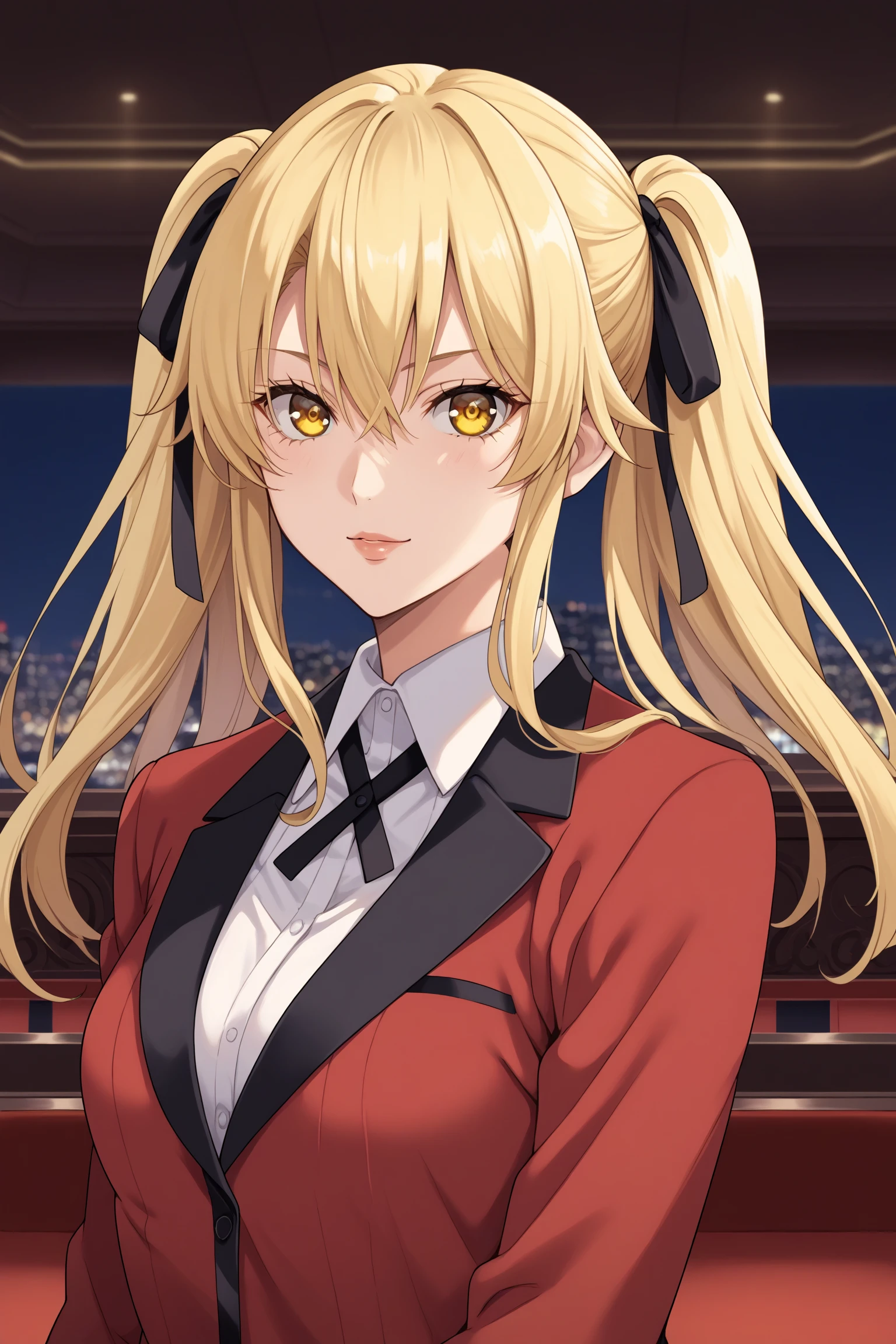 saotome mary, long hair, blonde hair, twintails, black hair bow, hair between eyes, yellow eyes, hyakkaou academy school uniform, long sleeves, blazer, red jacket, suit jacket, white shirt, collared shirt, black neck ribbon, black skirt, plaid skirt, pleated skirt, black kneehighs, loafers, <lora:Mary_Saotome:0.8>, score_9, score_8_up, score_7_up, score_6_up, score_5_up, source_anime, rating_safe, medium breasts, indoors, casino, 1girl, solo, looking at viewer, <lora:age_slider_v4:4>, upper body