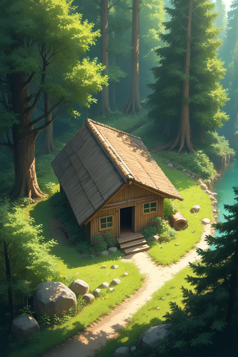 score_9, score_8_up, score_7_up, source_anime, rating_safe, day, natural lighting, forest cabin focus, CandiFC, no humans, CandiFC_1stclutter, CandiFC_2ndclutter, from above, negative space, scenery, intricately detailed illustration, depth of field, atmospheric perspective