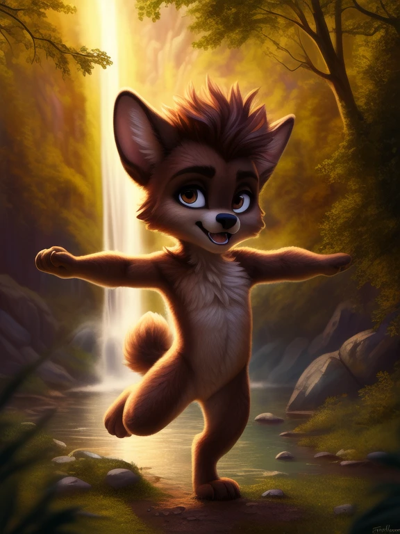 <lora:MaxWishMonYif:0.8> MaxWishMon, werewolf, brown fur, black nose, brown eyes, paws,, ( chibi, small body,) male,
Looks at the viewer, [ solo, nature, forest, day, clouds, waterfall, nude, naced,] ((dancing ))
beautiful, aesthetic, perfect, delicate, intricate, saturated colors, masterpiece, digital drawing, best quality,
by ulitochka, by taran fiddler, by Silverfox5213, by personalami,