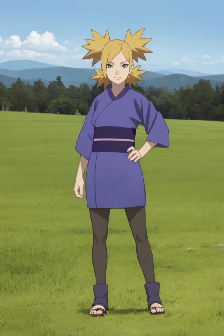 masterpiece, best quality,
1girl, temari, blonde hair, quad tails, blue eyes, japanese clothes, kimono, sash, pantyhose, toeless boots, toes,
hands on hips, smile, standing, full body, looking at viewer, solo, grass, blue sky, meadow background   <lora:TemariBoruto_byKonan:1>