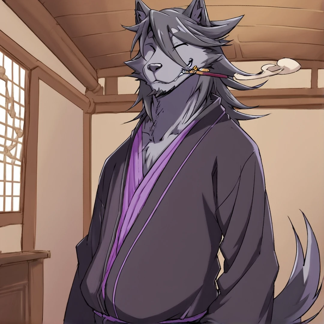 <lora:Halibel:1>, halibel, is a wolf human, with relatively long black fur, clad in a dishevelled black kimono, possessing worn-down purple accents, his golden eyes, are usually narrowed into two slits, he often likes biting on his golden kiseru with his teeth