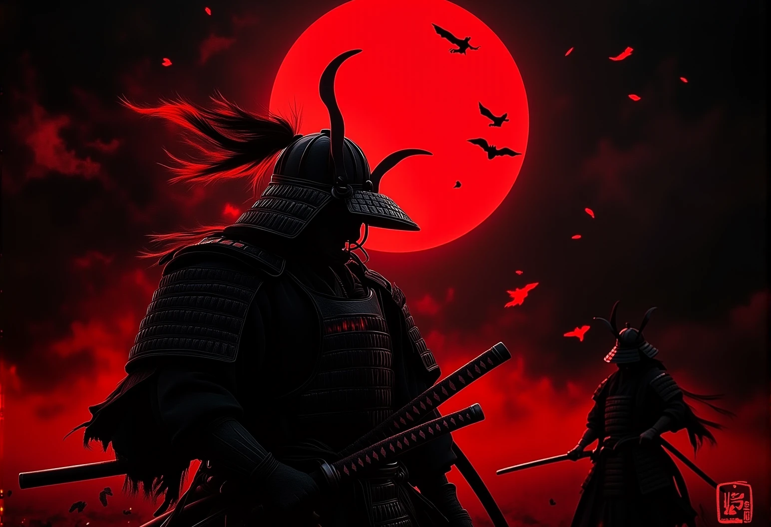 . A close-up shot of a male Samurai engaged in a duel under a blood-red moon wearing traditional black armor with intricate red details, with a blood-red moon in the background. The atmosphere is dark and foreboding, with splashes of red accents blending into the scene., <lora:bv-crimson-ronin-style-v1.safetensors:1.0:1.0>