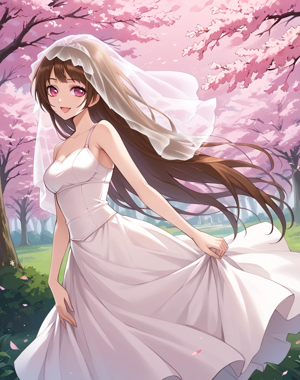 xiao_wu_manhua, adult, brown hair, very long hair, pink eyes, dress, veil, petals,  bridal veil, loose hair, white spirit dress BREAK outdoors, park, cherry blossom trees  BREAK looking at viewer, sexy face, sexy smile, open mouth, cowboy shot,  BREAK score_9, score_8_up, score_7_up, source_anime ,zPDXL, perfect hand,  <lora:Xiao_Wu:0.8>