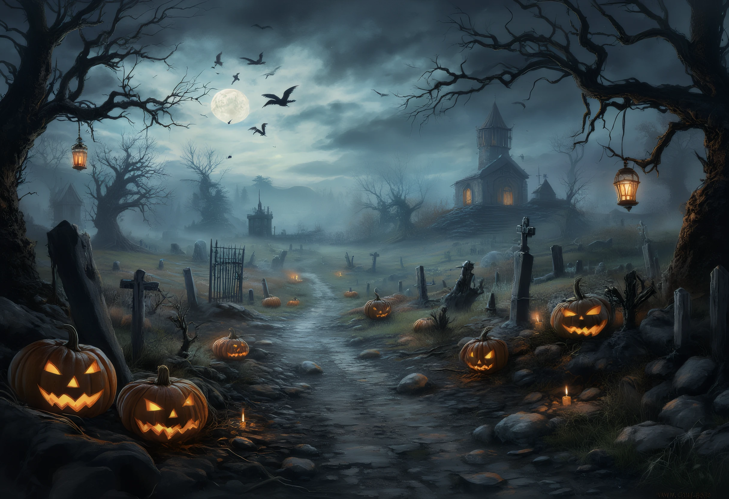 halloweenlandscape, A spooky Halloween landscape on a foggy, moonlit night. In the foreground, a twisted path winds through a dark, haunted forest. Gnarled, leafless trees reach out with crooked branches, some of which are adorned with tattered spiderwebs. The moon, full and glowing with a pale, eerie light, casts long shadows, illuminating the mist that rolls across the ground like a spectral veil.

Along the path, carved pumpkins with sinister grins flicker with candlelight, their faces casting an ominous glow on the surroundings. To the right, a crumbling, old graveyard is visible, with weathered tombstones leaning precariously. Some of the graves have been disturbed, with skeletal hands clawing their way out from the earth. A rickety iron gate stands ajar, creaking as the wind howls through it.

In the distance, a dilapidated mansion looms atop a hill, its windows glowing faintly from within. The building looks abandoned, with ivy crawling up its stone walls and shattered glass in some windows. A murder of crows circles ominously above it. To the left, a rickety old windmill spins slowly, its silhouette barely visible through the mist.

Bats flutter across the sky, their shapes momentarily blocking out the moonlight. A distant wolf’s howl echoes across the landscape, adding to the eerie atmosphere. Lanterns hanging from the branches sway gently in the breeze, casting moving shadows that make the scene feel alive and haunted.