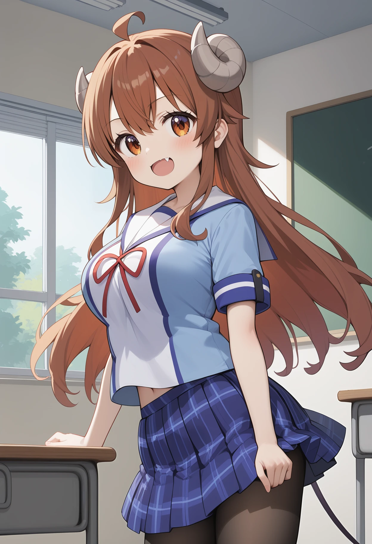 score_9, score_8_up, score_7_up, score_6_up, score_5_up, score_4_up, source_anime, aayuuko, long hair, brown hair, ahoge, horns, brown eyes, fang, tail, large breasts, school uniform, white sailor collar, neck ribbon, blue shirt, short sleeves, plaid skirt, blue skirt, black pantyhose, <lora:yoshida_yuuko_ponyxl_v1:0.9>, indoors, classroom, standing, cowboy shot,