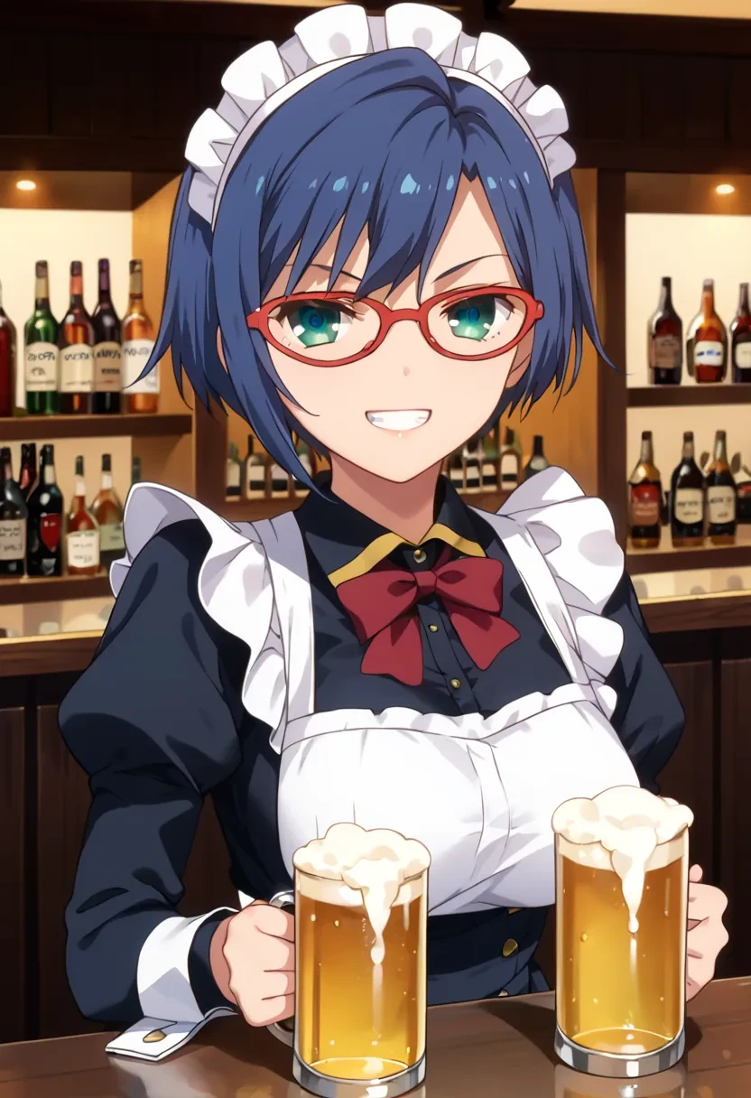 score_9, score_8_up, score_7_up, score_6_up,
masterpiece,

1girl, solo,

Shigure Kasumi, blue hair, short hair, green eyes, blue eyes, glasses, red-framed eyewear,

beer, holding beer, maid, bar, grin,