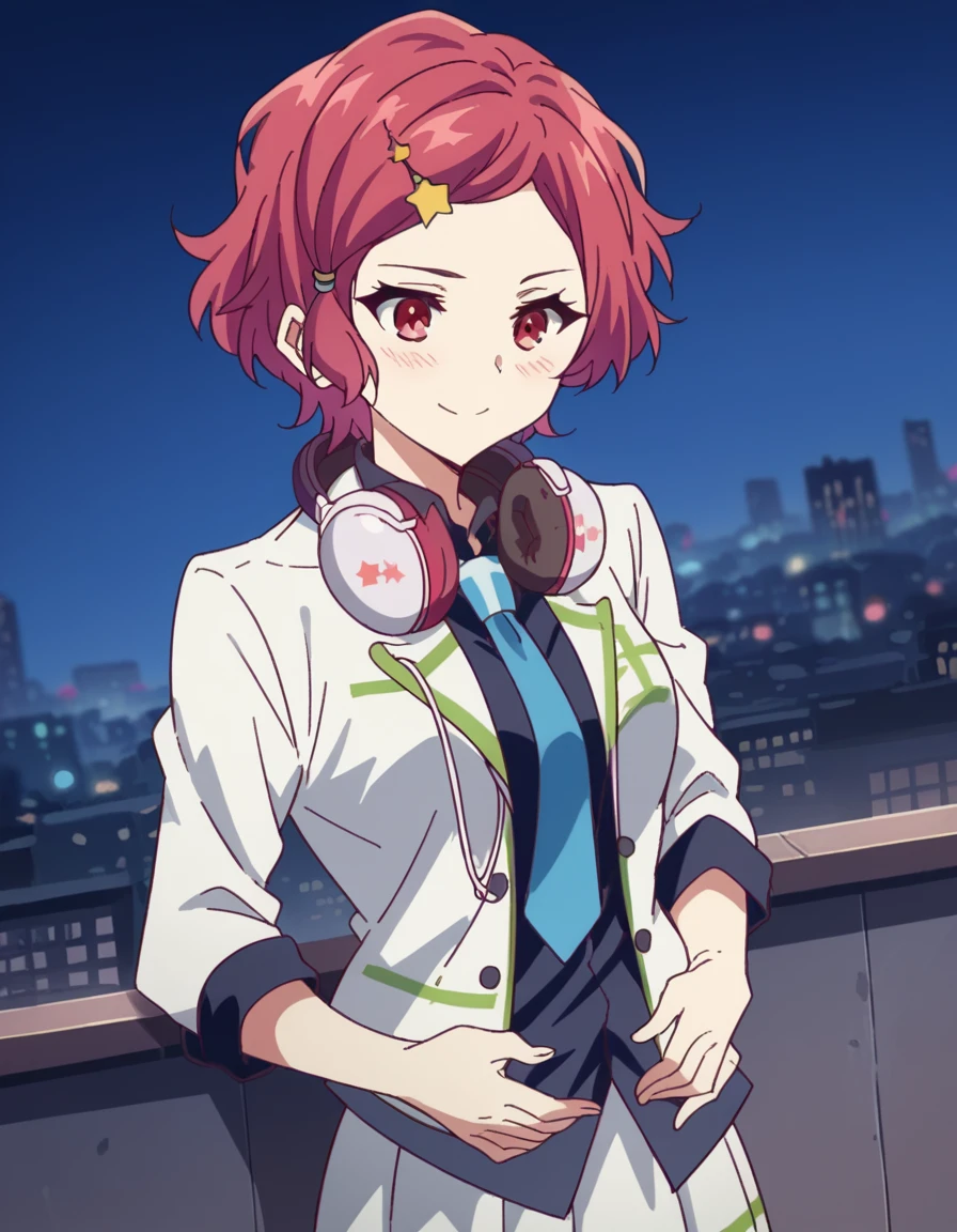 score_9, score_8_up, score_7_up, source_anime, <lora:koito-minase-s1-ponyxl-lora-nochekaiser:1>, koito minase, short hair, hair ornament, red eyes, red hair, hairclip, star (symbol), star hair ornament, medium breasts,, skirt, long sleeves, jacket, white jacket, white skirt, headphones around neck, necktie, school uniform, city skyline, rooftop view, night time, city lights, quiet reflection, smile, , hands on stomach, blush,, solo,, dutch angle, cowboy shot