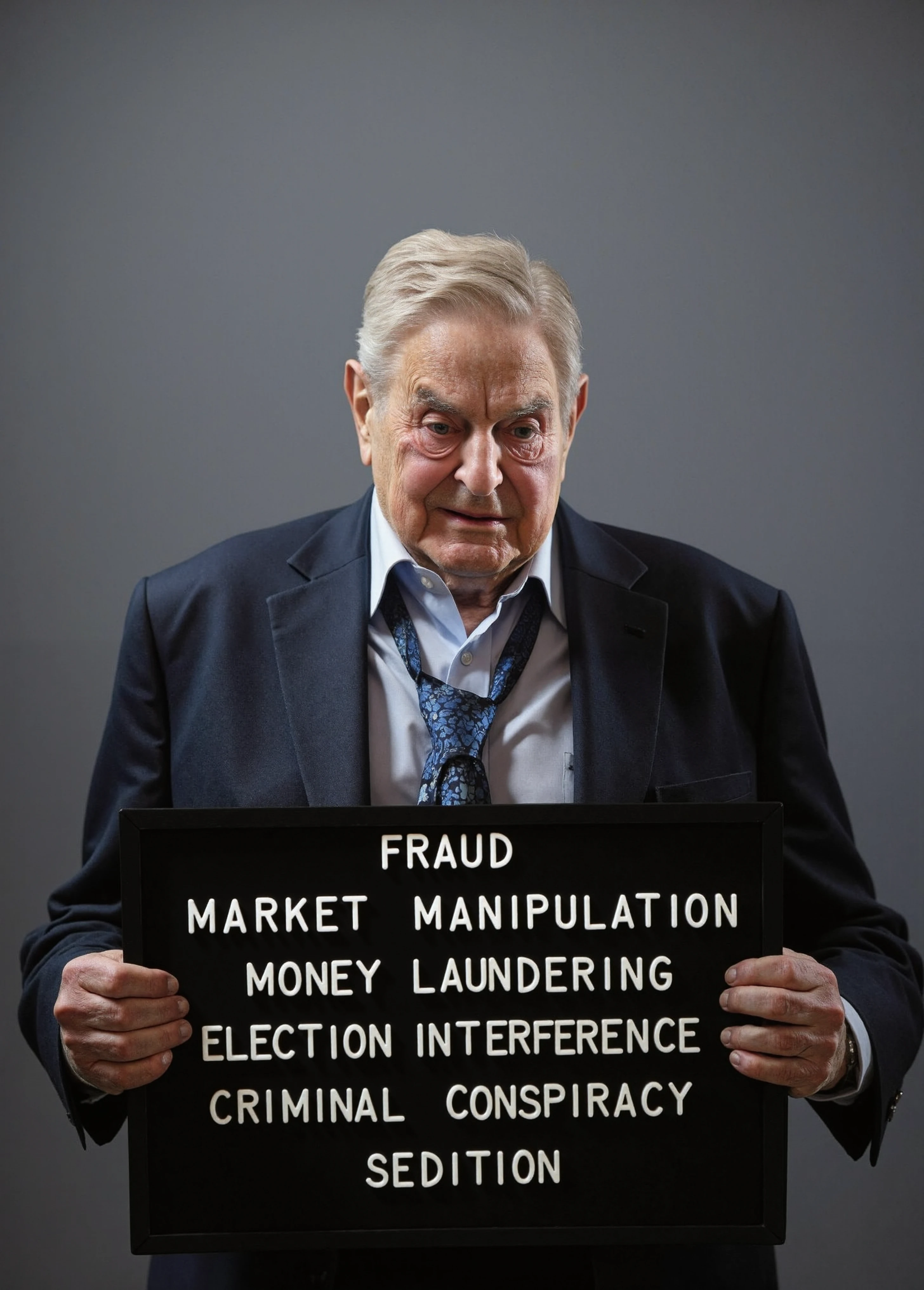 A close up mugshot of George Soros, disheveled, fearful expression, holding a black letterboard, dark business suit, loosened tie, rumpled collar, aged face, grotesque old and wrinkled skin, gray hair, holding letterboard with charges: Fraud, Market Manipulation, Sedition, Money Laundering, Election Interference, Criminal Conspiracy, grey concrete jail background, detailed ugly skin. A mugshot of George Soros, up close, displaying a fearful expression with a disheveled appearance. His business suit is wrinkled, with a loosened tie and collar, and his aged face and gray hair add to the tension. Soros holds a black letterboard with the following charges: Fraud, Market Manipulation, Sedition, Money Laundering, Election Interference, Criminal Conspiracy. The backdrop is a simple gray painted concrete jail wall, with neutral, bright lighting that brings out the details of his face, suit, and the letterboard, emphasizing the realistic and unfiltered nature of this political mugshot, emphasizing his anxious demeanor. The image is photorealistic, capturing a moment of distress and vulnerability.