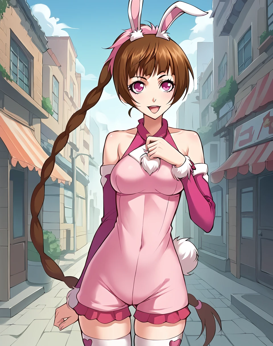 xiao_wu_manhua, teen, brown hair, very long hair, braided ponytail, pink eyes, rabbit ears,detached sleeves, thighhighs, bunny clothes, BREAK outdoors, city street, BREAK looking at viewer, sexy face, sexy smile, open mouth, cowboy shot, sexy pose, dynamic pose BREAK score_9, score_8_up, score_7_up, source_anime ,zPDXL, perfect hand,  <lora:Xiao_Wu:0.8>