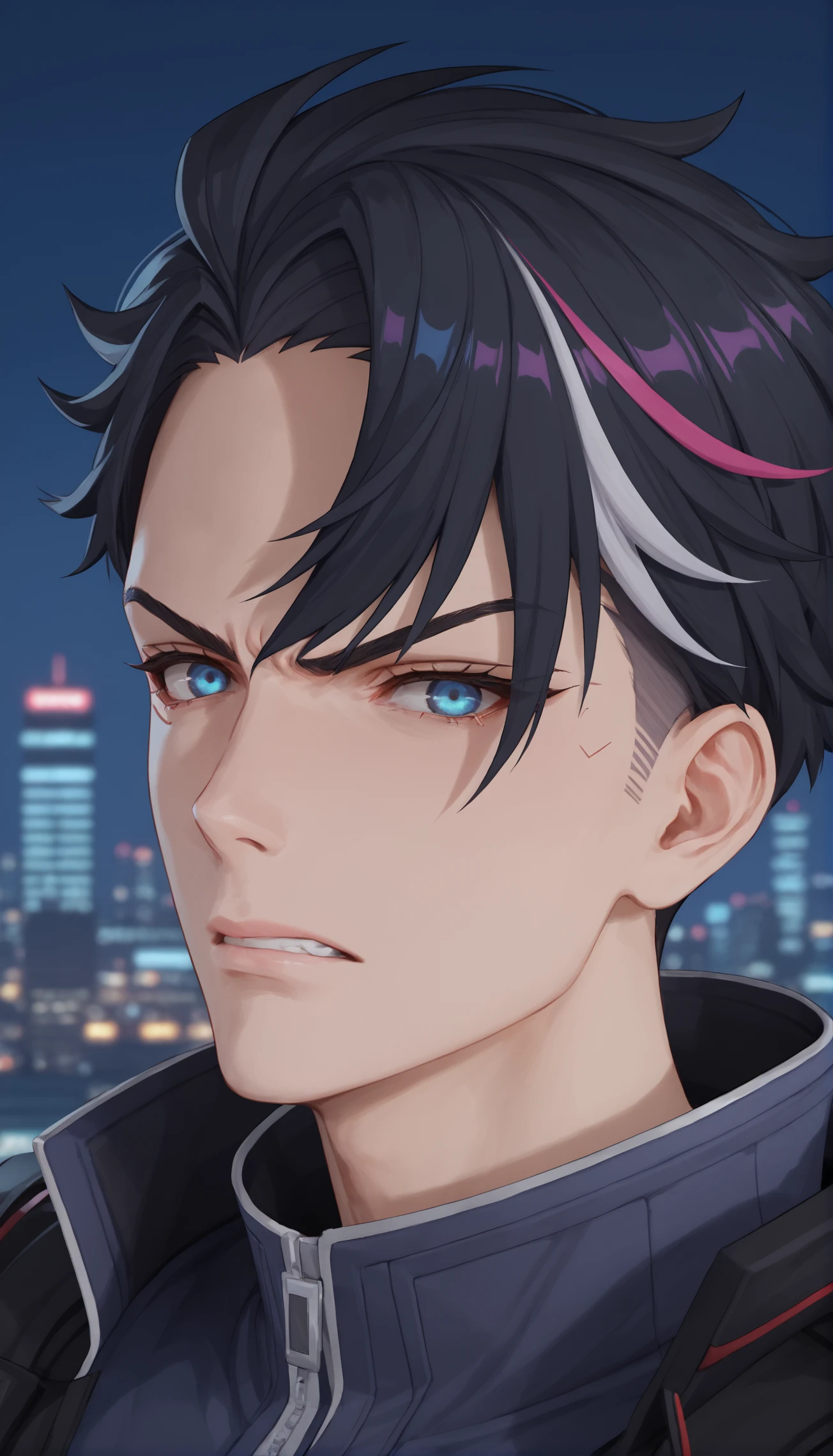 score_9, score_8_up, score_7_up, source_anime, rating_explicit, depth of field, night, cyberpunk, cityscape, 
((portrait, close-up, angry,  ))
jingfulaiou,  1boy, black hair, streaked hair, blue eyes,  
,,,,,, <lora:add-detail-xl:1>,<lora:age_slider_v4:1>,<lora:è¸èæ§å¶:2>,<lora:jingfulaiou-000008:0.8>