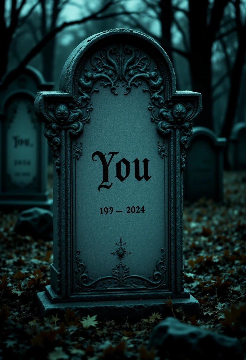 <lora:Gravestone_Engraver_FLUX-000015:1.0>
This is a photograph of a gravestone dedicated to "You" in a cemetery setting, taken in a dark, scary environment. The gravestone is intricately carved in the appearance and features a Gothic design. The name "You" is engraved in a bold, Gothic-style font on the front of the stone, and the message "19.... - 2024" is inscribed beneath it.