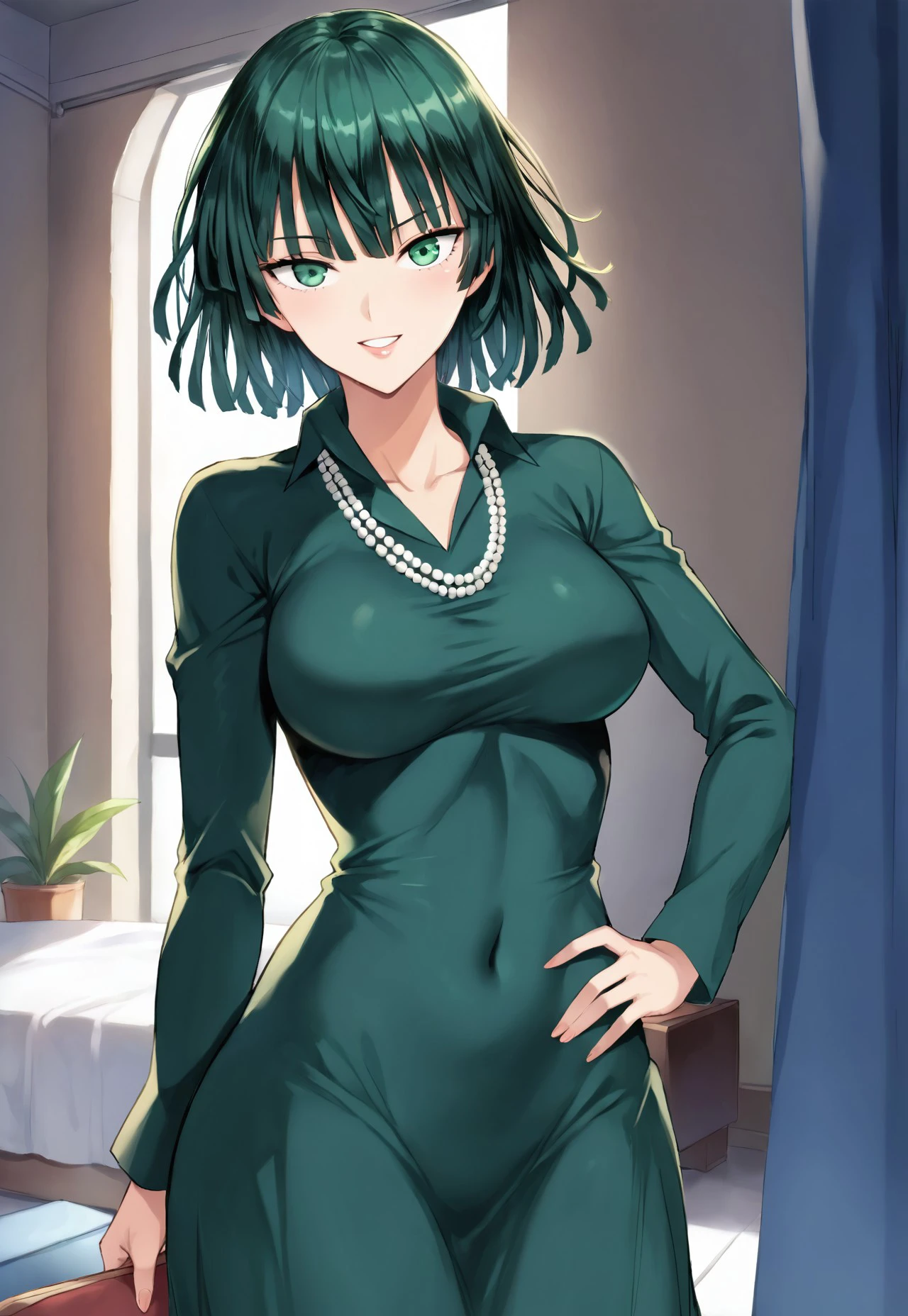 score_9, score_8_up, score_7_up, solo, 1girl, Fubuki_(One-Punch_Man), green_eyes, green_hair, short_hair, blunt_bangs, green_dress, collared_dress, long_sleeves, pearl_necklace, looking_at_viewer, hand_on_own_hip, smile, looking_at_viewer,