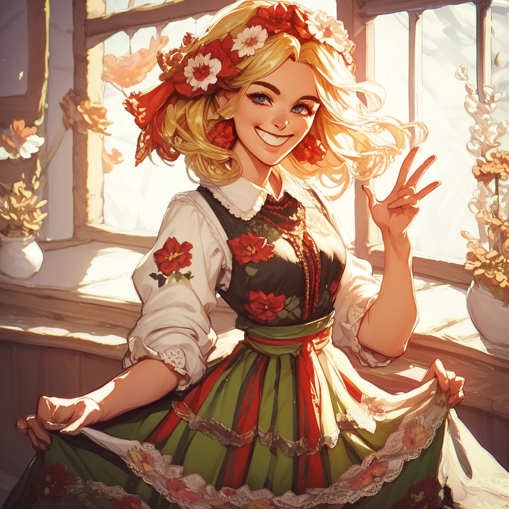 score_9, score_8_up, score_7_up, <lora:PolishDress:1> 1 girl, blonde, smile, happy, caucasian, beautiful, tradpolishdress, traditional clothes, floral print, skirt,