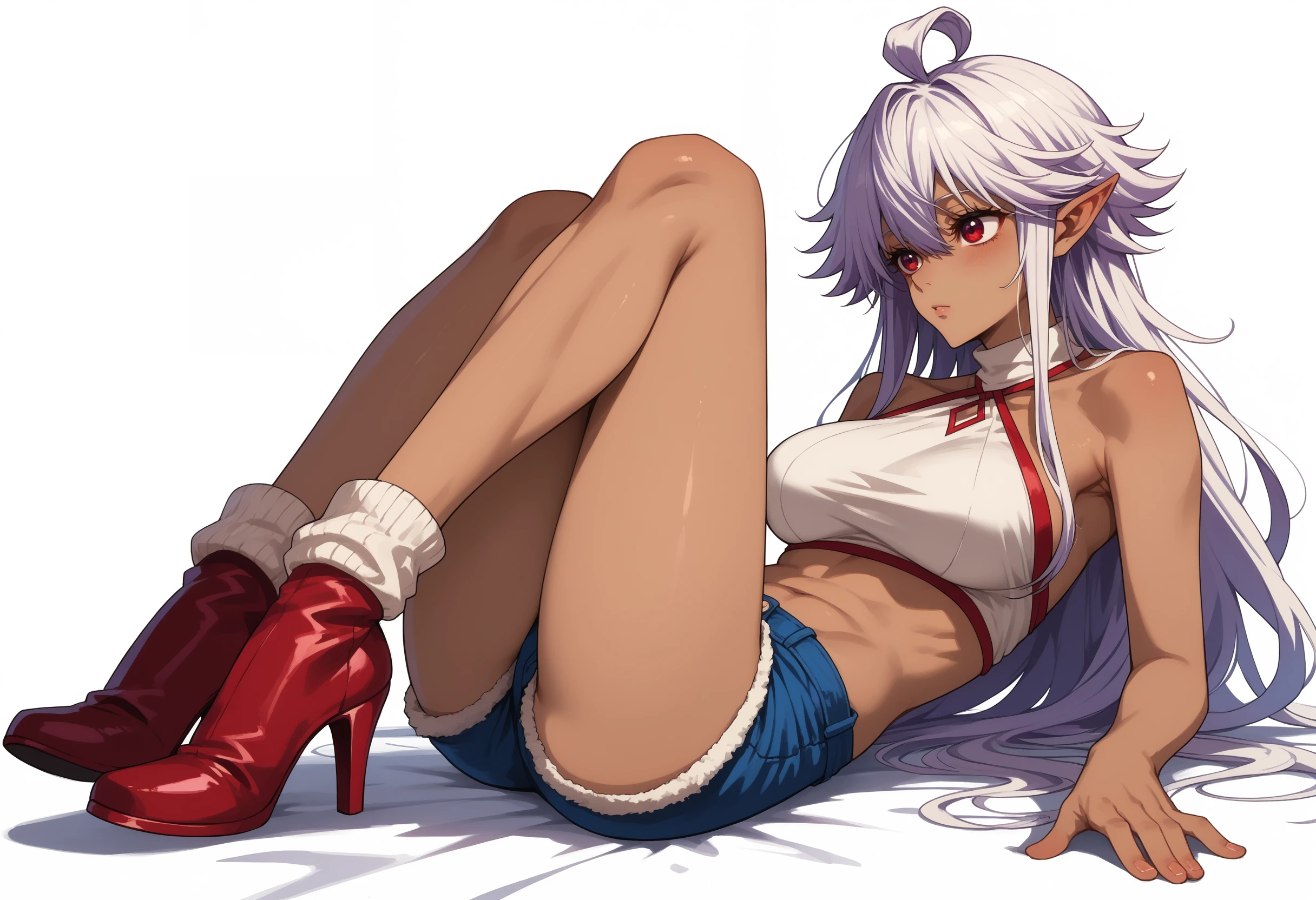 score_9, score_8_up, score_7_up, source_anime, <lora:wrenchShinmaiOjisanReanette:1>, soreanette, white hair, long hair, dark skin, red eyes, pointy ears, ahoge, sidelocks, large breasts, hair between eyes, 
hotpants, leg warmers, lying, halter top, on back, from side, legs together, one leg up, white background, high heels,