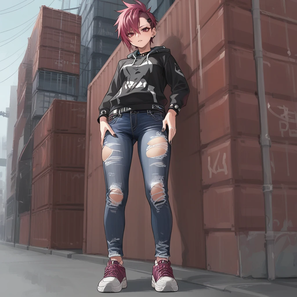 score_9, score_8_up, score_7_up, score_6_up, score_5_up, score_4_up, zPDXL2,source_anime,rating_questionable,solo, 1girl, looking at viewer, hoodie, ripped jeans, sneakers, punk, <lora:Shipping_Containers:0.8> sh1pcont4in, outdoors, shipping containers, urban,