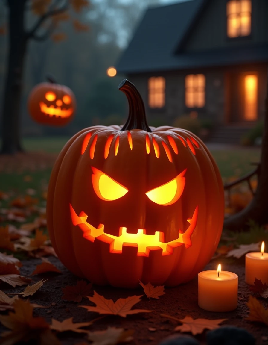 <lora:b4a-pumpkins:1> a b4a pumpkin carving with the 3d face of frankenstein, background Halloween house entrance a night, autumn leafs, burning candles