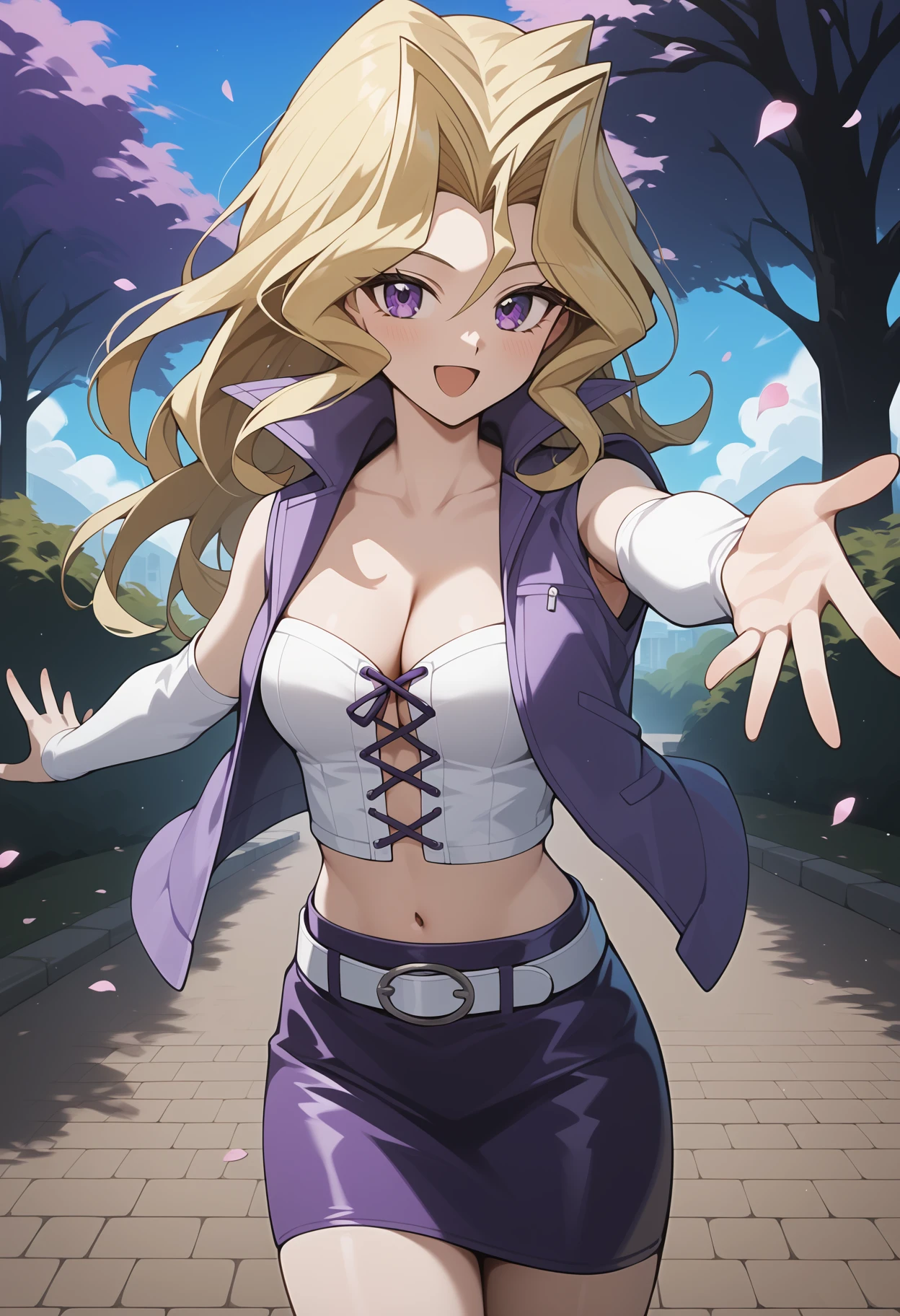 score_9, score_8_up, score_7_up, score_6_up, score_5_up, score_4_up, source_anime, aamai, long hair, blonde hair, purple eyes, breasts, cleavage, crop top, white shirt, cross-laced clothes. cropped jacket, purple jacket, open jacket, sleeveless, detached sleeves, white sleeves, midriff, white belt, miniskirt, purple skirt, thighs,<lora:kujaku_mai_ponyxl_v1:0.9>, standing, cowboy shot, reaching, outdoors, park, petals, smile, open mouth,