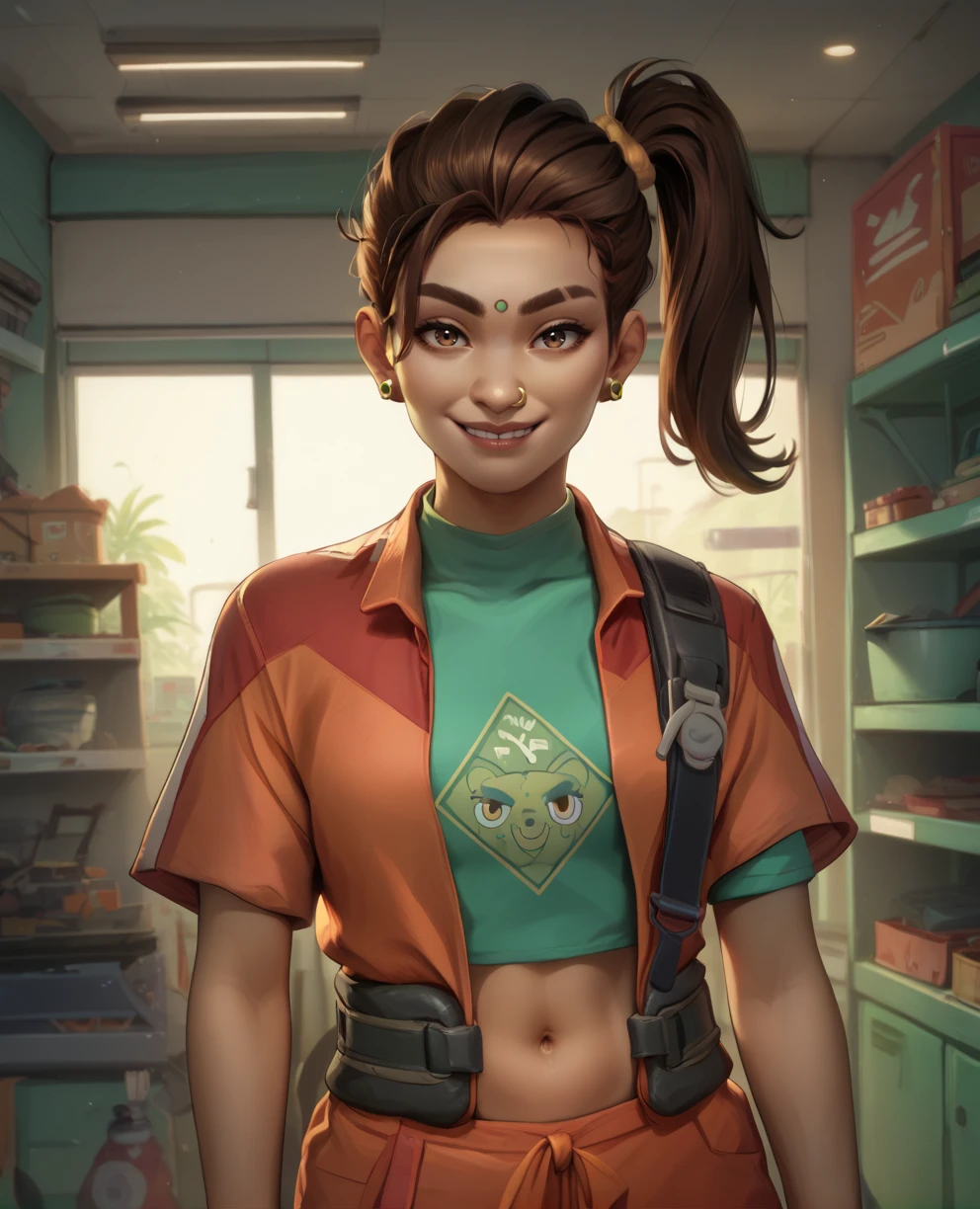 score_9,score_8_up,score_7_up,
Rampartxl,side ponytail,brown hair,forehead mark,nose ring,earrings,
orange jumpsuit,green shirt,navel,
solo,looking at viewer,smile, 
tool shop,indoors, <lora:RampartXL:0.9>,