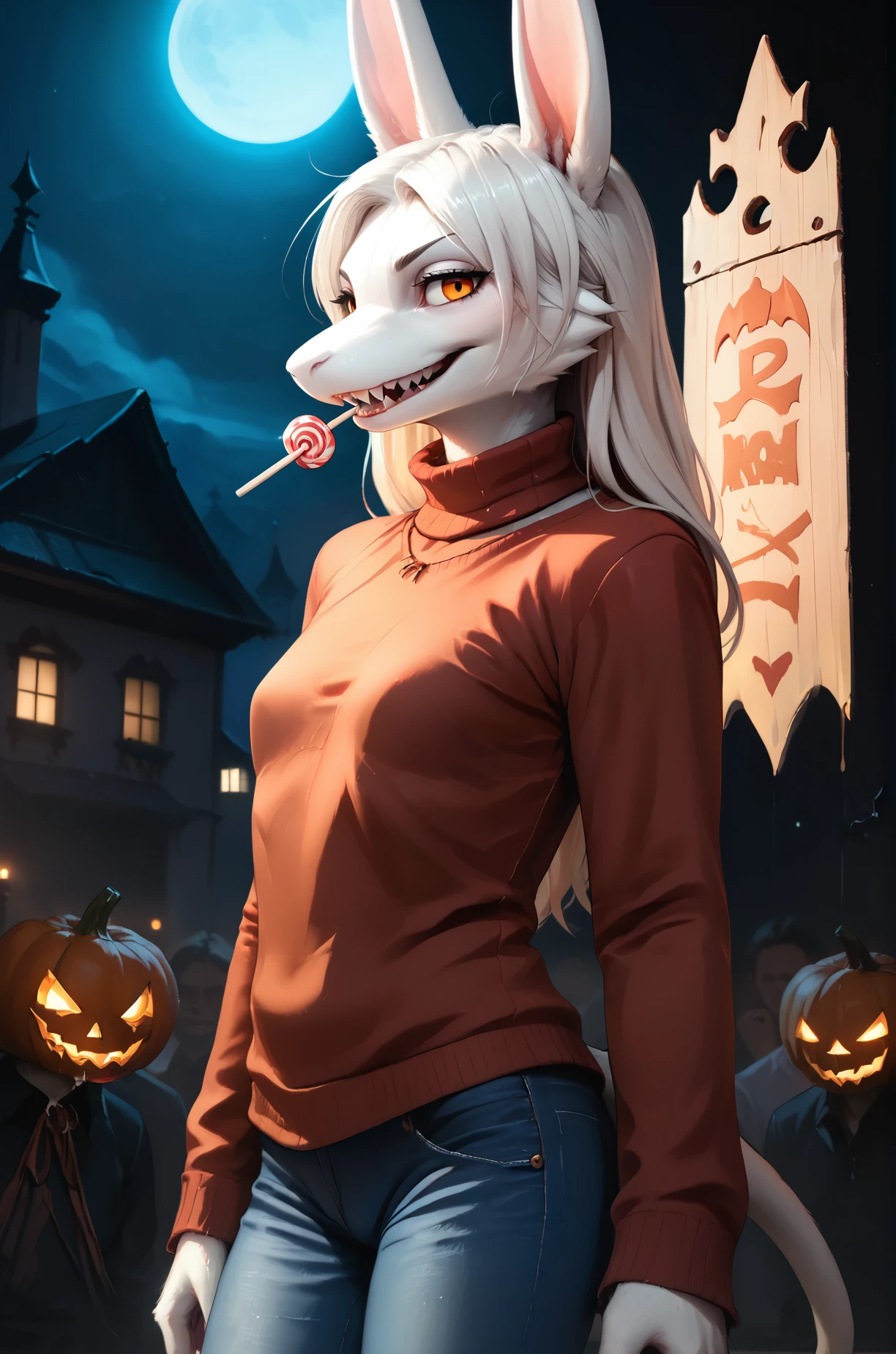 score_9, score_8_up, score_7_up,
BREAK, freyac, female, white fur, orange eyes, white hair, tail, orange tailbow, realistic, solo, 1girl,  reddish brown turtleneck, sweater, jeans, small breasts, long hair, standing, smug, facing side, from side, evil grin, looking at viewer, confident, amused, cowboy shot,
BREAK, Halloween town background, dark background, blue background, black background, Halloween, spooky, glowing lights, fog, ghosts, candy, trick or treat, detailed background, crowd,
zPDXL, <lora:Freya10S 97:1>,