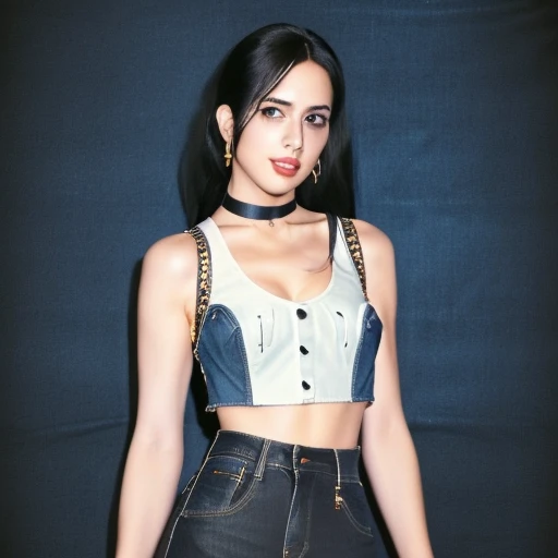 black choker, upper body, denim jacket, bra, lips, white shirt, solo, blurry background, realistic, jewelry, sleeveless, black eyes, parted lips, black skirt