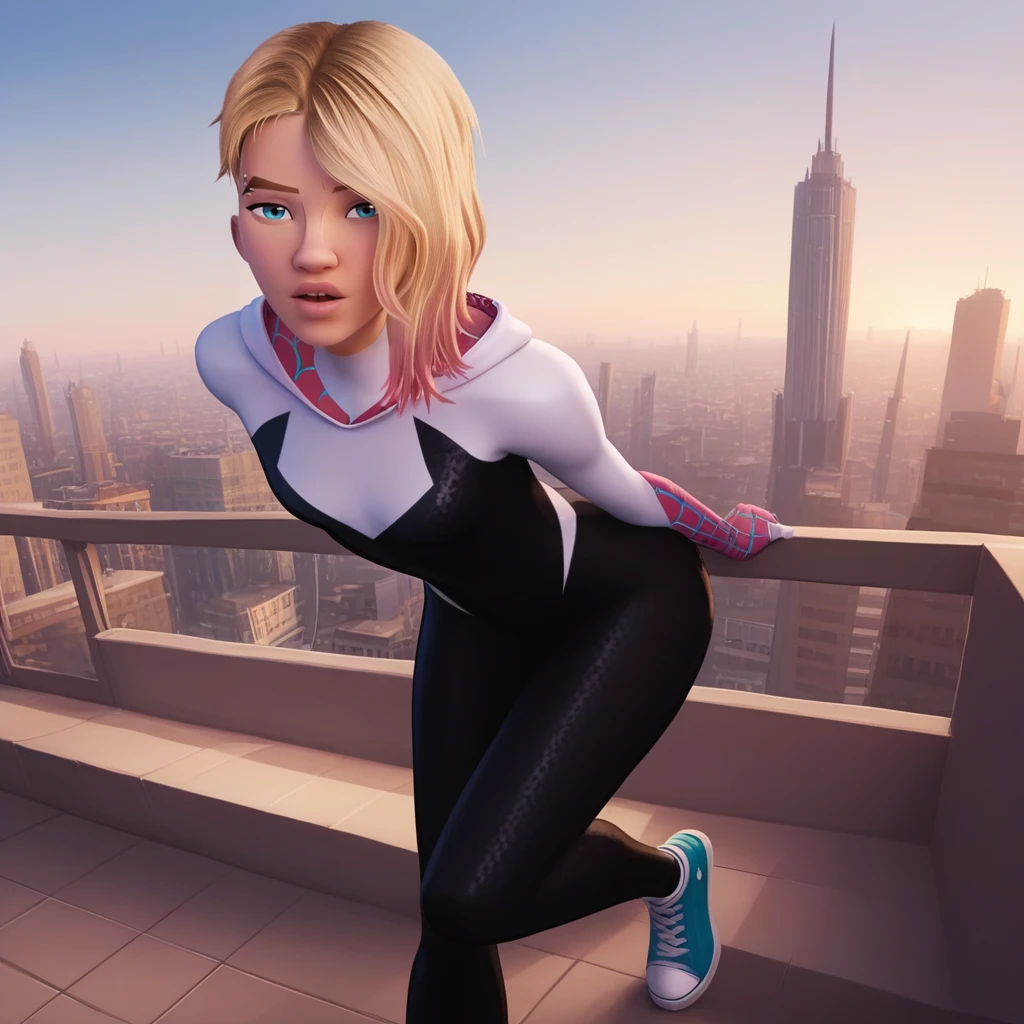 score_9, score_8_up, score_7_up, score_6_up, score_5_up, score_4_up, realistic, rooftop,  building, ledge,  <lora:Gwen_Stacy-000007:0.8>, gwen1, 1girl, breasts, short hair, blue eyes, blonde hair, pink hair, bodysuit, piercing, asymmetrical hair, spider web print, eyebrow piercing, hooded bodysuit, sneakers, BREAK looking at viewer, parted lips, leaning forward,  arms behind back, half-closed eyes,