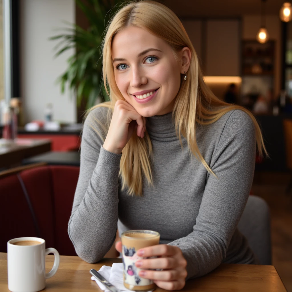 photo realistic, 30mm amateur photo without text and watermarks, natural detailed skin, blonde MDoroshina woman wearing a turtleneck dress sitting in a cafe having a coffee, looking at viewer, smiling <lora:MDoroshina_flux_v1:1.3>