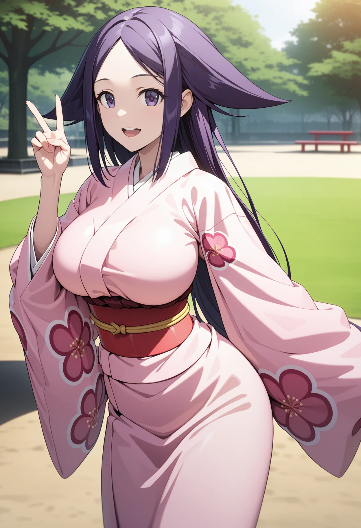 (masterpiece, best quality, very aesthetic, ultra detailed), intricate details, 4k, aaoharu, long hair, purple hair, hair flaps, purple eyes, large breasts, japanese clothes, print kimono, pink kimono, long sleeves, obi, sash, <lora:oharu_animagine_v1:0.9>, park, solo, peace sign, open mouth, smile, standing, cowboy shot,