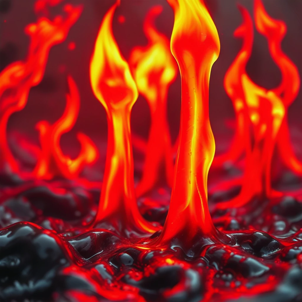 1other, open mouth, glowing, red background, oil, mature male, solo, outdoors, slimebath, no humans, flames, scenery, black slime, lava, fire, blurry, slimey, blurry background, dripping