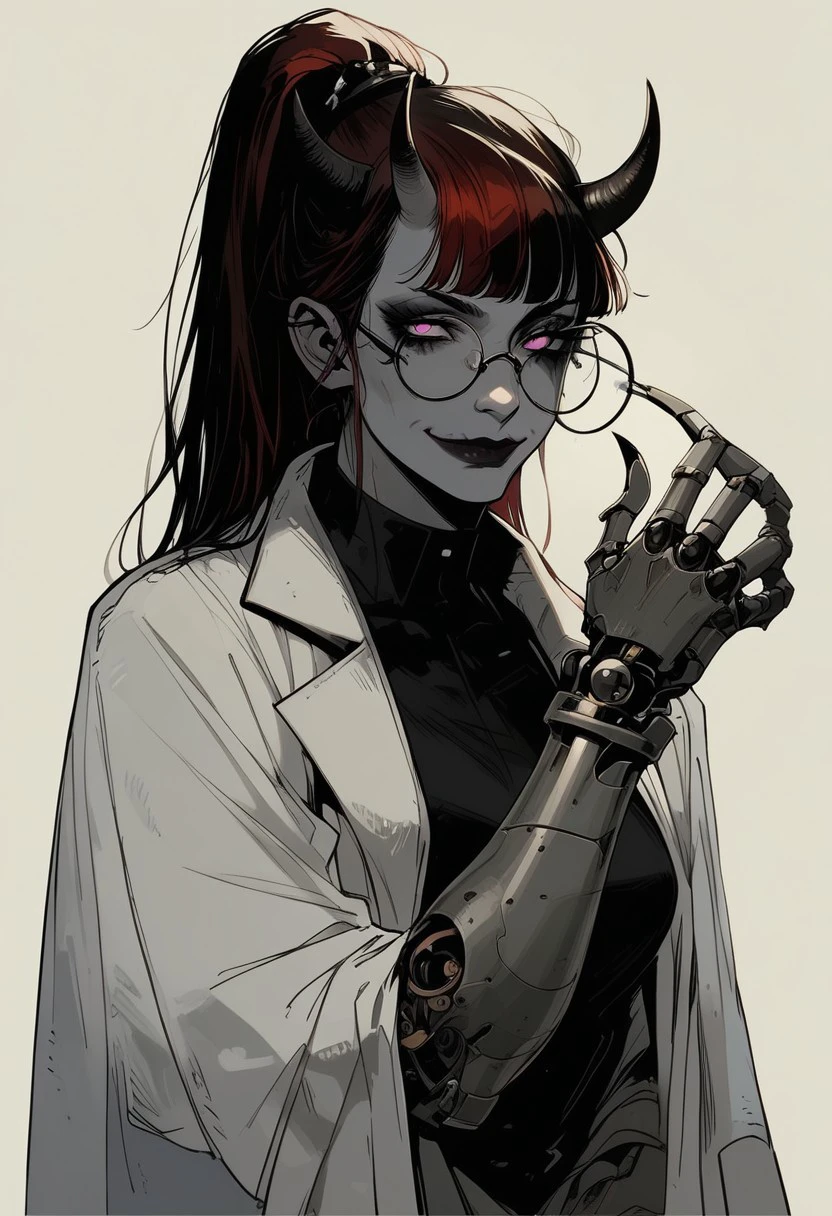 score_9, score_8_up, score_7_up, charturnerv2, conceptart,multiple views,white background,simple background, BREAK, 1woman portrait, beautiful, dramatic lights ((Succubus, Demon Girl, Succub, horns, seductive, seductive look, goth, goth girl, lab coat, coat, white coat,  goth makeup, muscular, athletic, muscular woman, athletic woman, pink eyes, wings, bat wings grey skin, grey colored skin, red hair, long ponytail, ponytail, high taied ponytail, bangs, side bangs,  glasses, round glasses, happy, smug, mechanical arm, metal arm, robot arm))