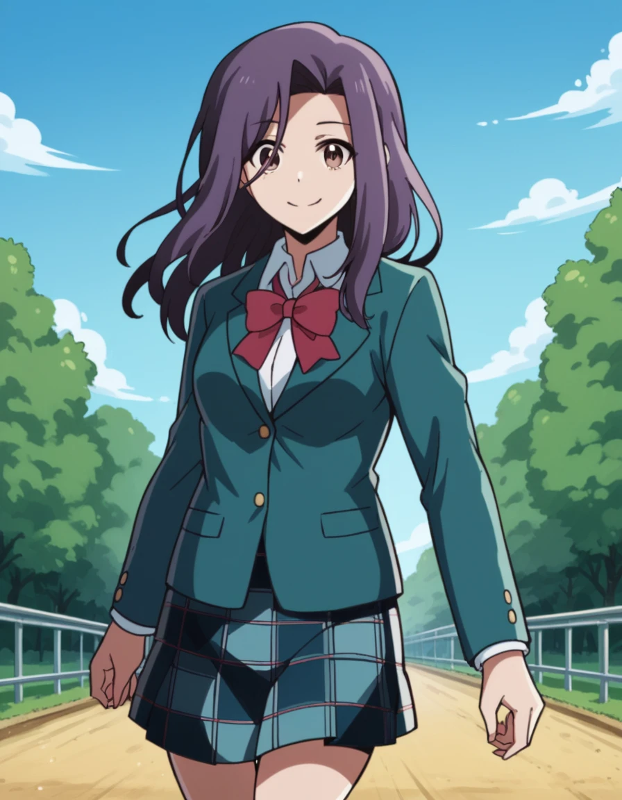 score_9, score_8_up, score_7_up, source_anime, <lora:erena-fujisawa-s1-ponyxl-lora-nochekaiser:1>, erena fujisawa, long hair, black hair, brown eyes, purple hair, parted bangs, sidelocks, medium breasts,, skirt, school uniform, jacket, pleated skirt, bowtie, red bow, plaid, plaid skirt, blazer,, bike ride, countryside, dirt road, trees, afternoon sun, peaceful, alone, smile, , smile, solo,, dutch angle, cowboy shot