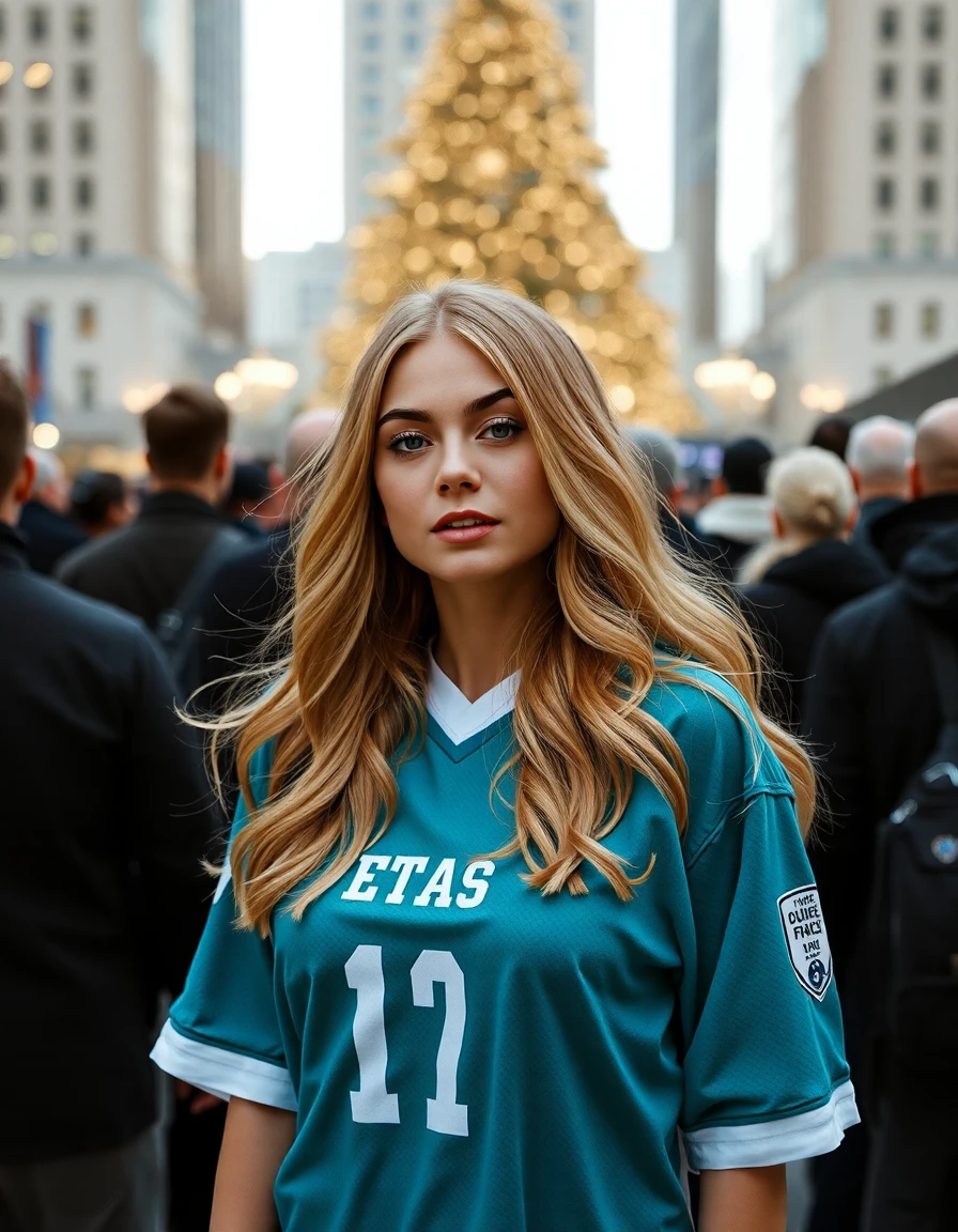 nan384ace, Instagram picture of a  28 year old woman,swathed in a turquoise jersey, Notable Rockefeller Center, NYC,in a large crowd, epic character composition,by ilya kuvshinov, alessio albi, nina masic,sharp focus, subsurface scattering, f2, 35mm, film grain, blonde