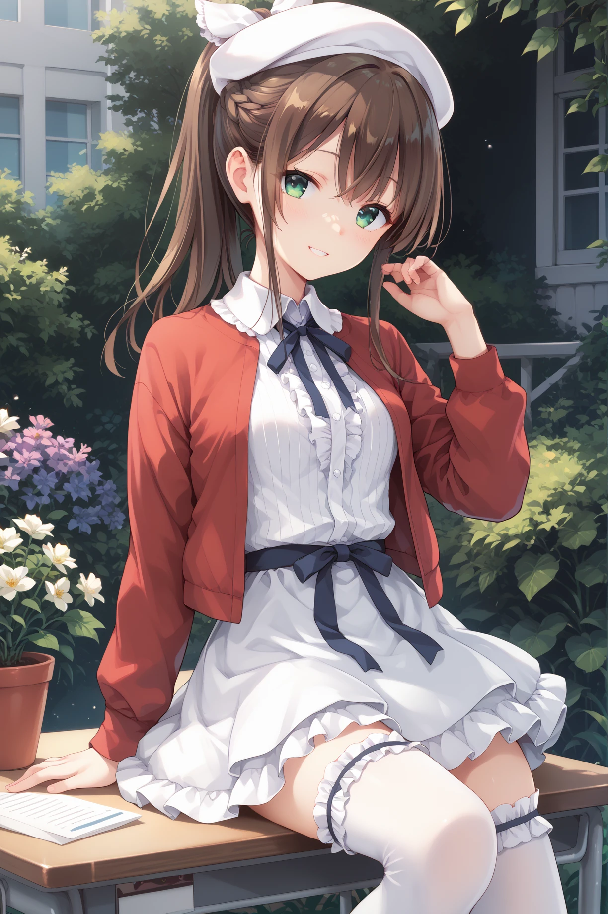 score_9, score_8_up, score_7_up, score_6_up, score_5_up, score_4_up,anime,
   misaki,1girl,ponytail,hair ribbon,brown hair,green eyes,smile,
katouclothes, white headwear, red jacket, jacket, white dress, frilled thighhighs, neck ribbon, frilled skirt, 
white thighhighs, sitting on desk,
knee up,garden, <lora:MisakiXLPony:0.8>,<lora:katouclothesXLPony:1>