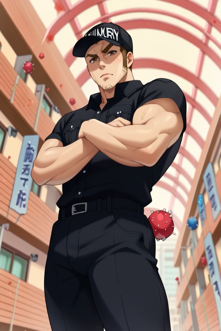 score_9, score_8_up, score_7_up, score_6_up, perfect anatomy, perfect proportions, best quality, masterpiece, high_resolution, high quality, best aesthetic, incredibly absurdres, highres, extremely detailed, huge filesize, mature, masculine, manly, virile, handsome, charming, alluring, bara, male focus, solo male, cowboy shot, dutch angle, source_anime \(Cells at Work! CODE BLACK\), anime coloring \Cells at Work! CODE BLACK\), Memory T Cell \(Cells at Work! CODE BLACK\), CaWBlMemoryTCell, brown hair, brown eyes, thick eyebrow, long sideburns, facial hair, stubble, CaWBKillerTCell_outfit, black cap, Killer T Cell cap \(Cells at Work\), Killer T Cell uniform \(Cells at Work\), black shirt, short sleeves, black pants. from below, low angle